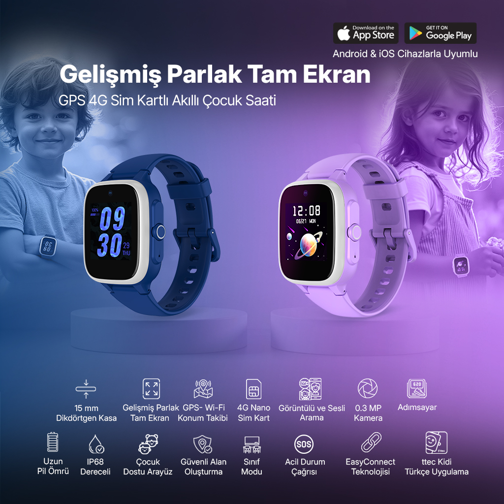 İki çocuk akıllı saatlerle. Biri mavi, biri mor. Özellikler: GPS, 4G ve kamera. Türkçe metin.