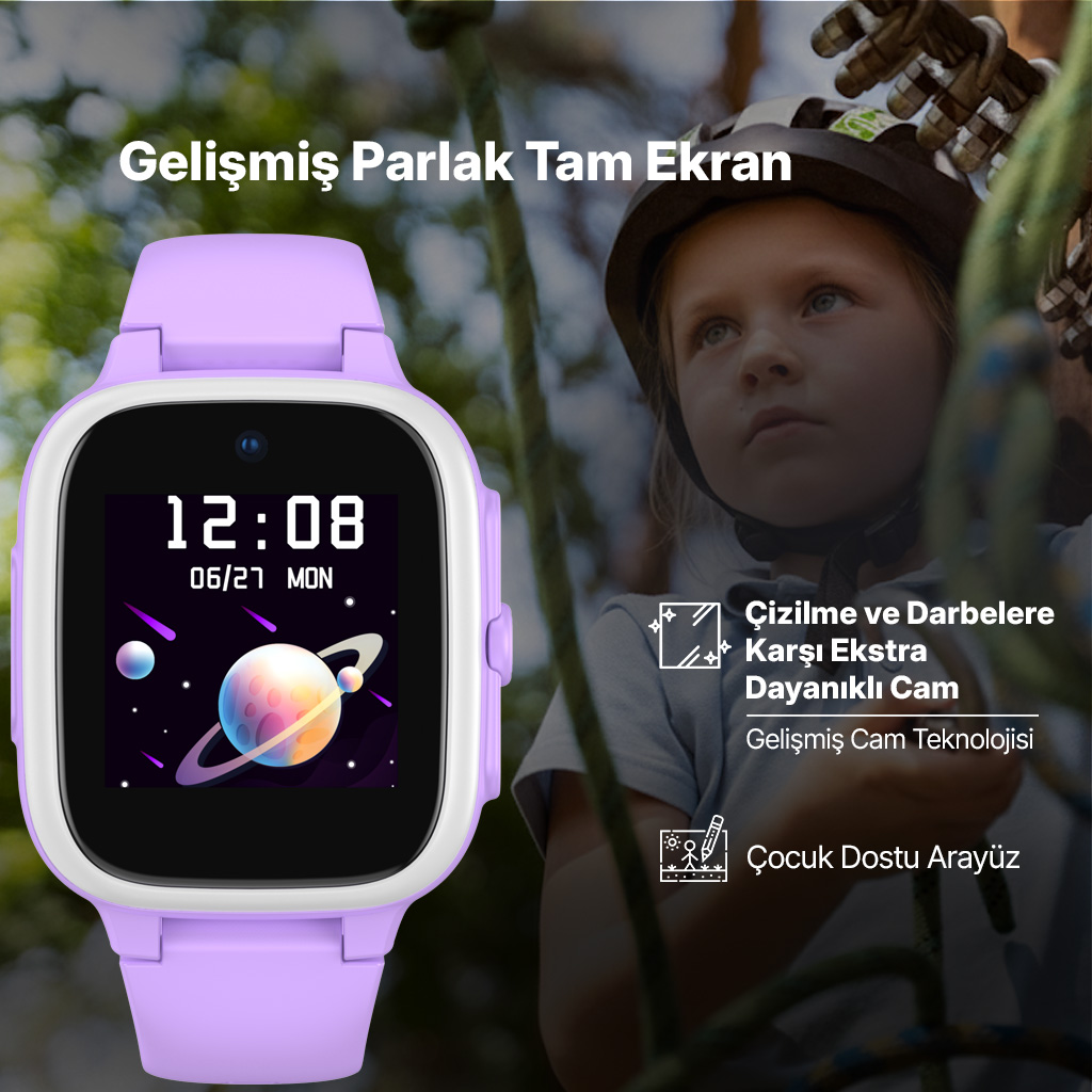 Kask takan bir çocuk, saati ve gezegen tasarımını gösteren mor bir akıllı saat izliyor. Metin, ekran özelliklerini ve dayanıklılığı vurgular.
