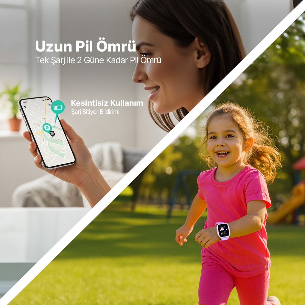 Bir kadın telefon tutuyor, bir kız çimlerde koşuyor. Kız akıllı saat takıyor. Arka planda bir oyun alanı var.