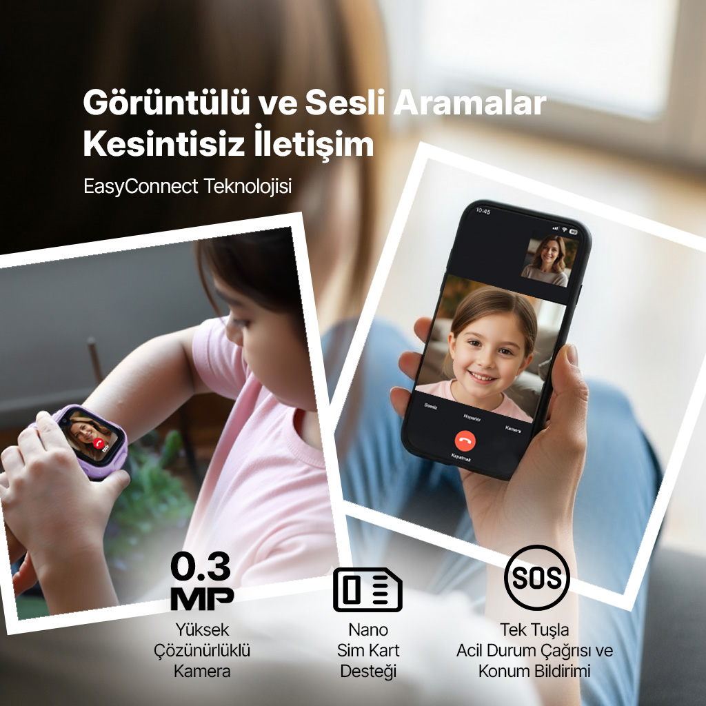 Görüntü, akıllı saat ve telefonda görüntülü görüşmeleri gösteriyor. Telefonda bir çocuk gülümsüyor. Metin, kamera ve SOS acil aramalar gibi özellikleri vurguluyor.