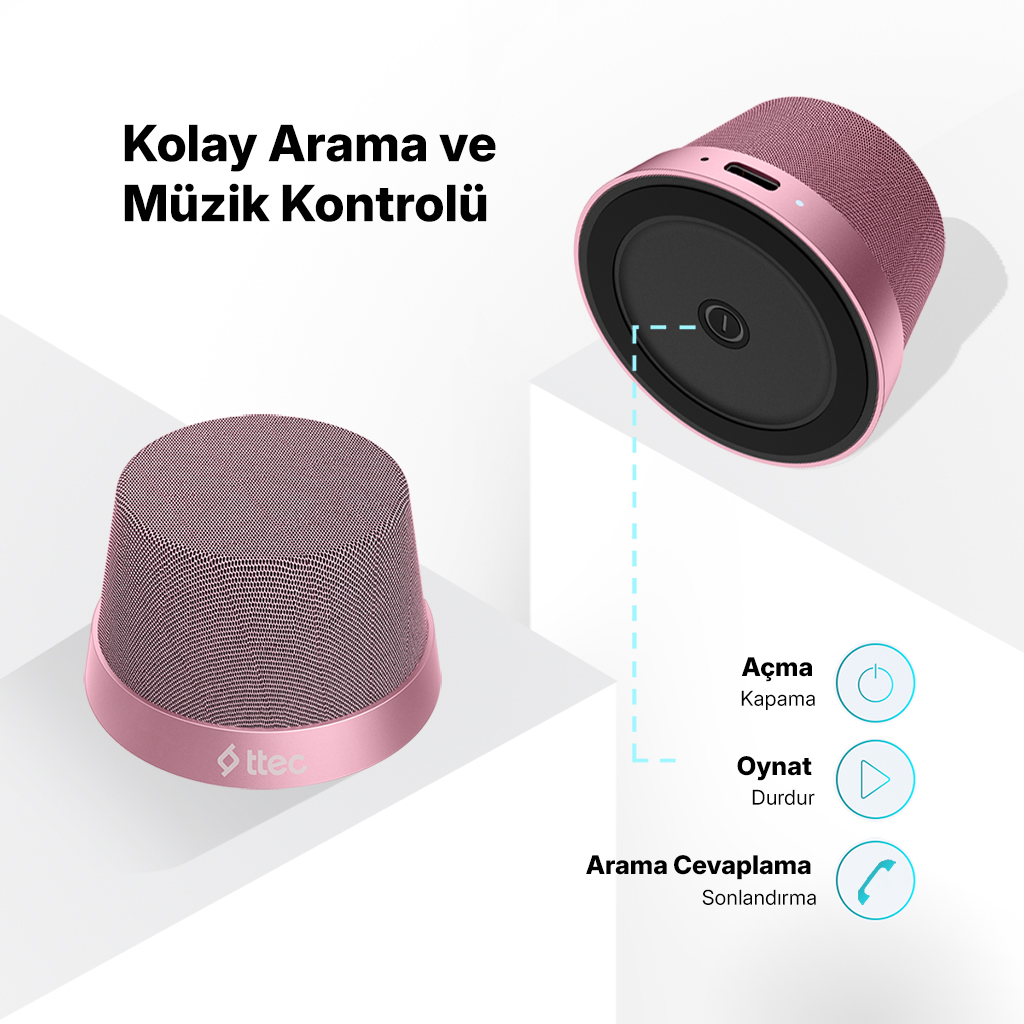 İki pembe hoparlör, biri açılı. Türkçe metin. Açma/kapama, oynat/duraklat ve arama fonksiyonları sembolleri.