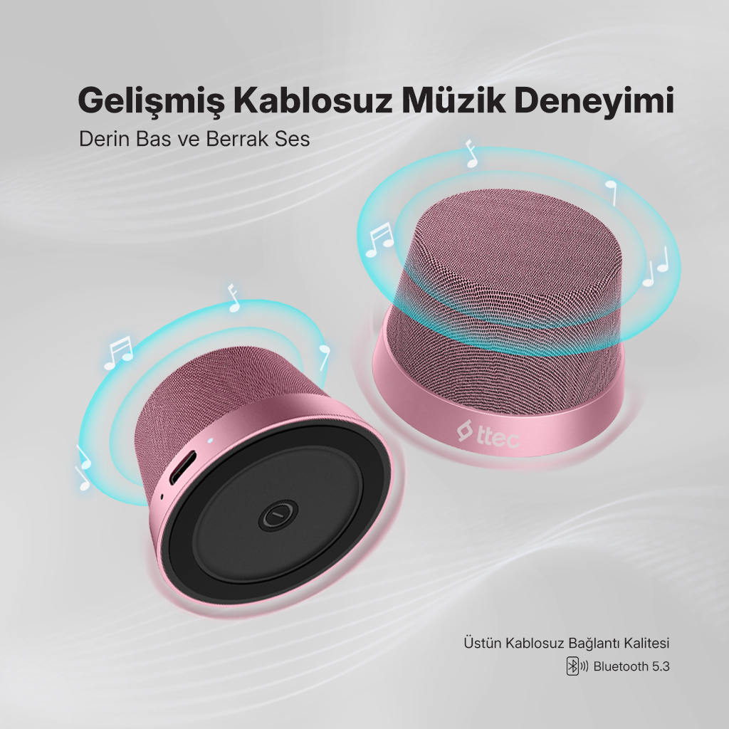 Müzik notalarıyla iki pembe kablosuz hoparlör. Metin 'Gelişmiş Kablosuz Müzik Deneyimi' diyor. Alt metin 'Üstün Kablosuz Bağlantı Kalitesi' diyor.