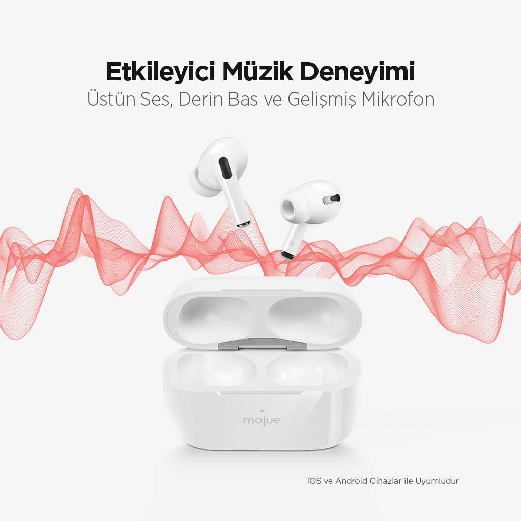 Kırmızı ses dalgası tasarımına sahip beyaz kulaklıklar ve şarj kutusu. Metin şöyle diyor: Etkileyici Müzik Deneyimi.