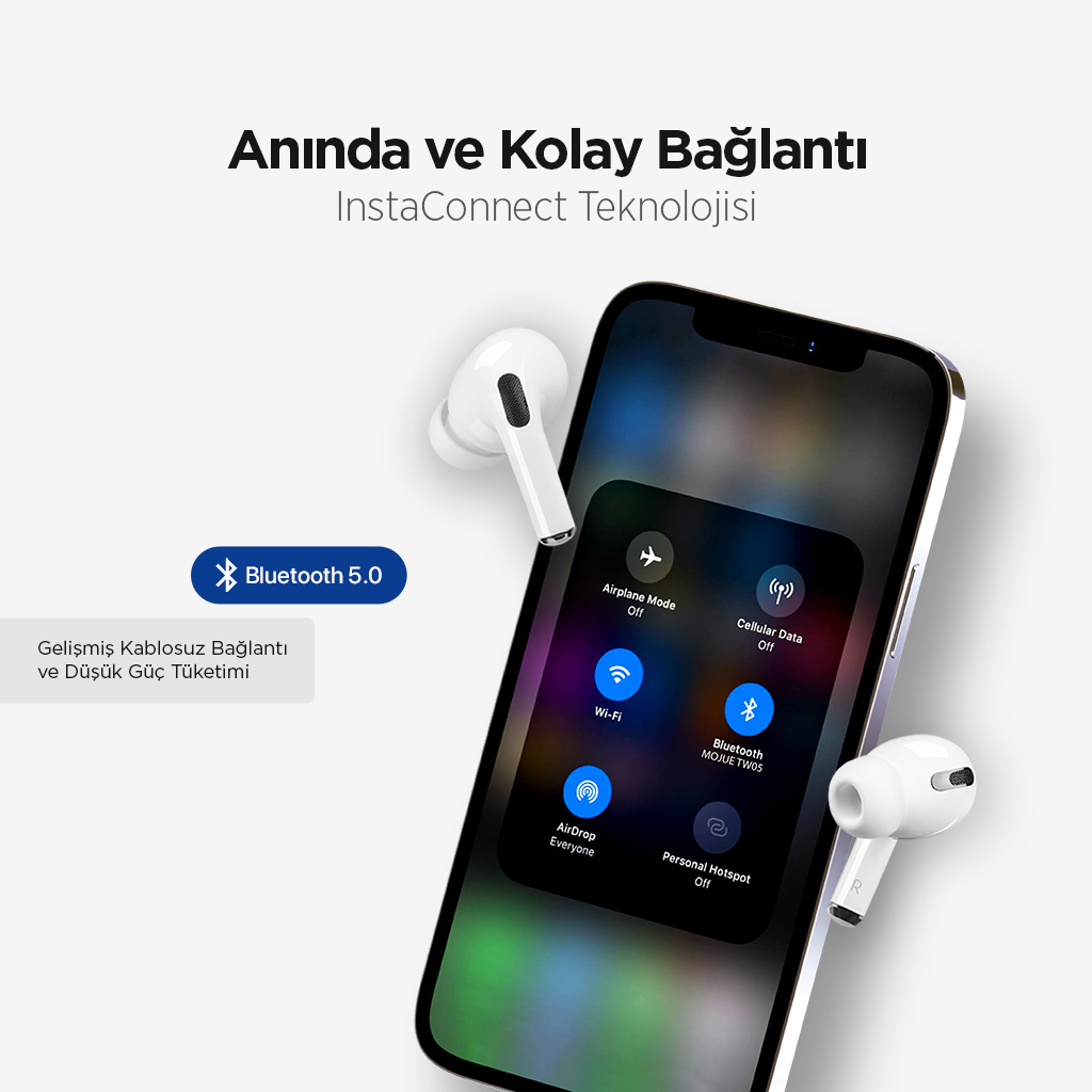 Görüntü, Bluetooth ayarlarını gösteren bir telefonun yakınında beyaz kulaklıkları gösteriyor. Metin, InstaConnect teknolojisini ve Bluetooth 5.0'ı tanıtıyor.