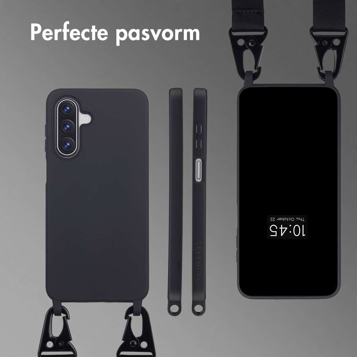 Black phone case with strap, three views: front, side, and phone displaying time. Text 'Perfecte pasvorm' is on top.