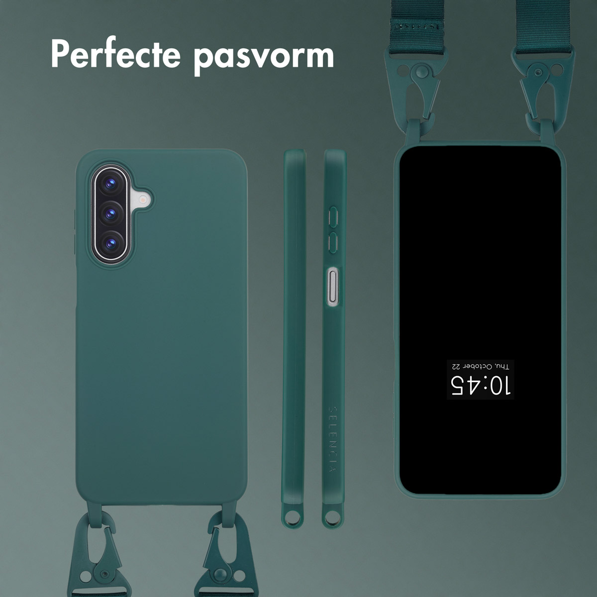 Green phone case with a strap. A phone screen shows the time. The text 'Perfecte pasvorm' is at the top.