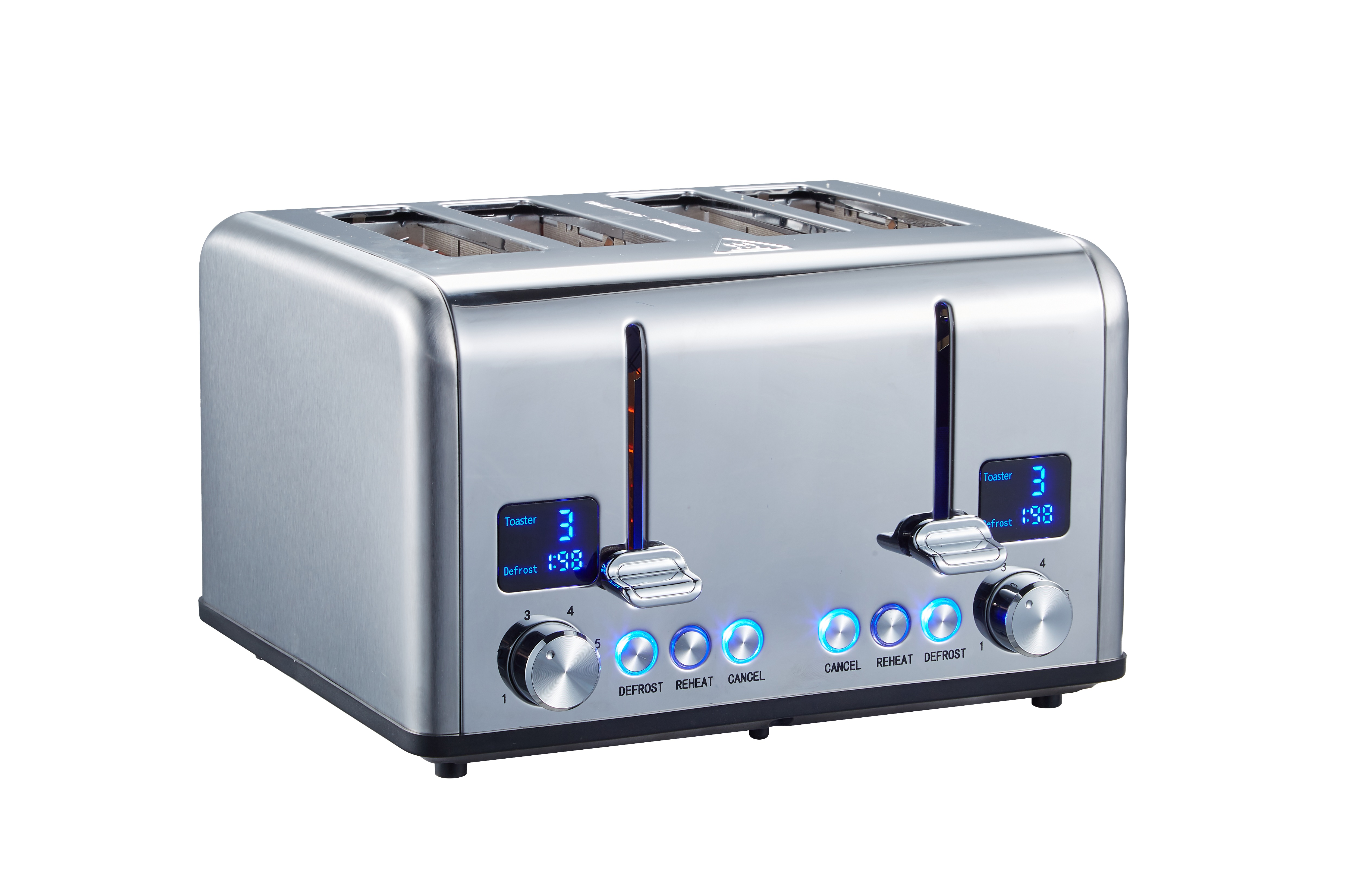 Ein Toaster aus Edelstahl mit vier Schlitzen. Er hat digitale Anzeigen und Tasten für verschiedene Funktionen.