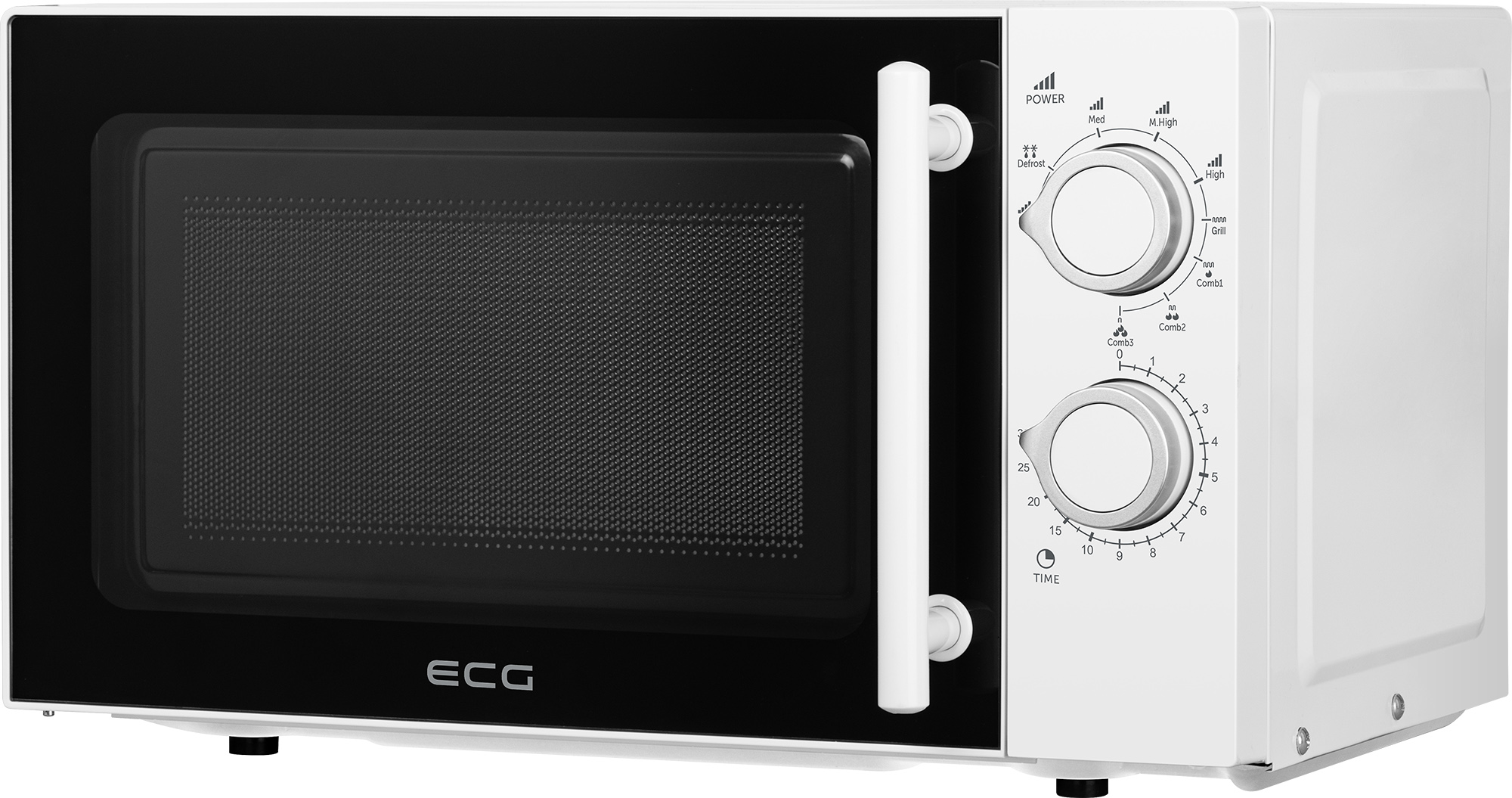 Biała kuchenka mikrofalowa. Ma czarne drzwi i pokrętła sterowania do ustawień mocy i czasu. Marka to ECG.