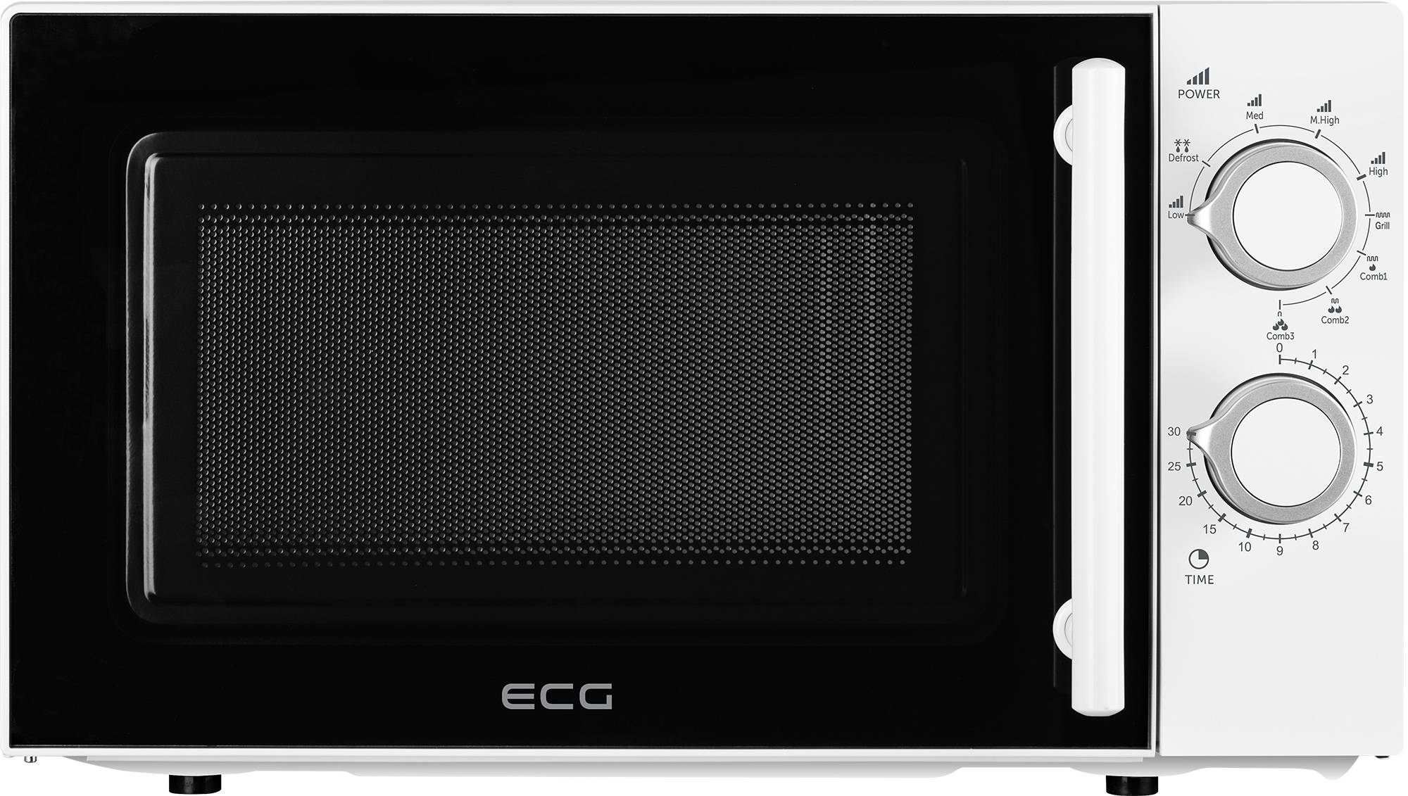 Biało-czarna kuchenka mikrofalowa. Posiada pokrętła sterowania mocą i ustawieniami czasu. Widoczna jest nazwa marki ECG.