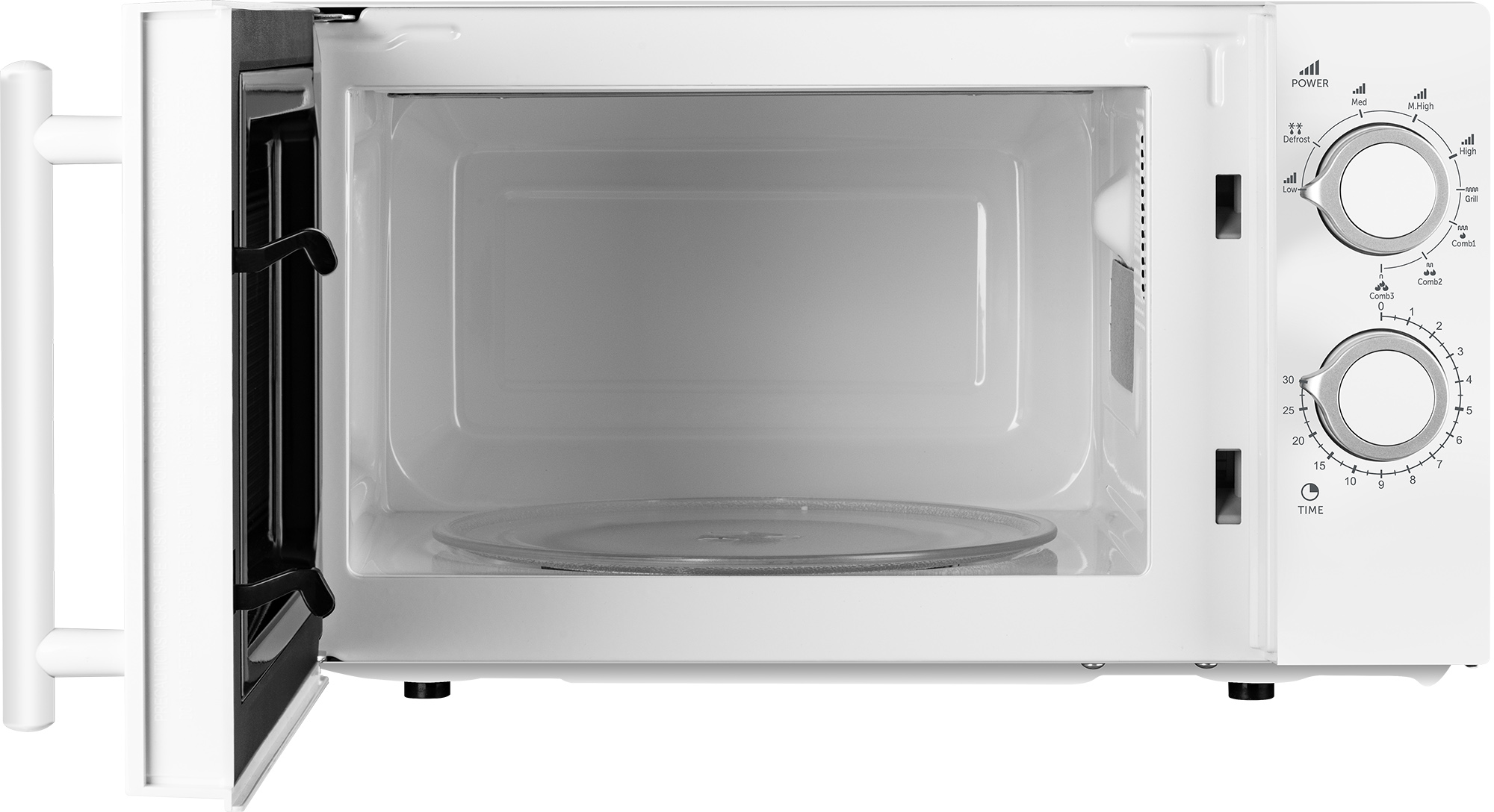 Biała kuchenka mikrofalowa z otwartymi drzwiami. Wewnątrz szklany talerz. Panel sterowania z pokrętłami i ustawieniami.