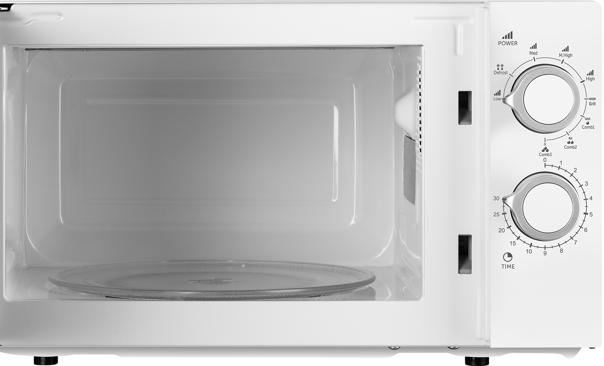 Biała kuchenka mikrofalowa z otwartymi drzwiami. Ma pokrętła do sterowania mocą i czasem. Szklana płyta w środku.