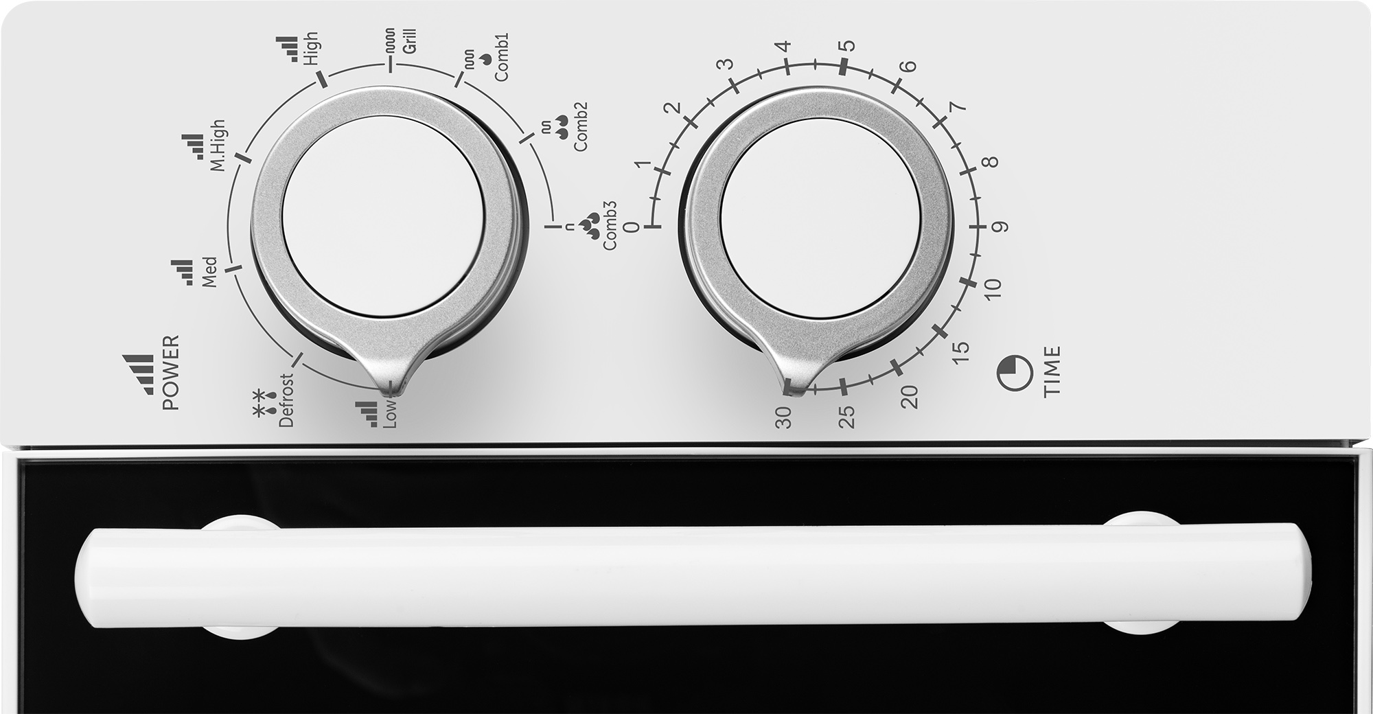 Biały panel sterowania kuchenki mikrofalowej. Posiada pokrętła do zasilania, rozmrażania i czasu. Uchwyt po lewej stronie. Czarne obramowanie po lewej.