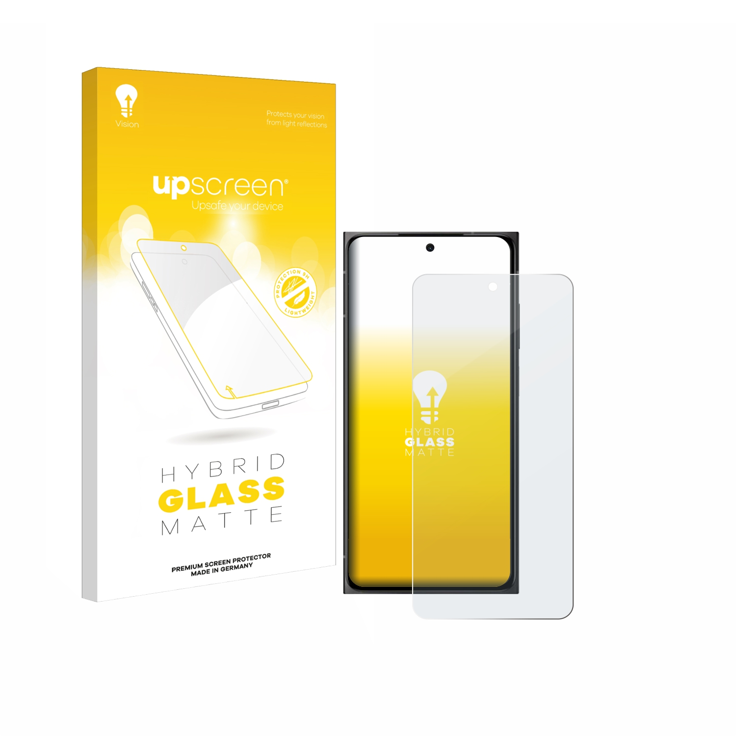 Eine Handy-Displayschutzbox und ein Displayschutz. Auf der Box steht 'upscreen' und 'Hybrid Glass Matte'. Der Displayschutz liegt neben dem Handy.