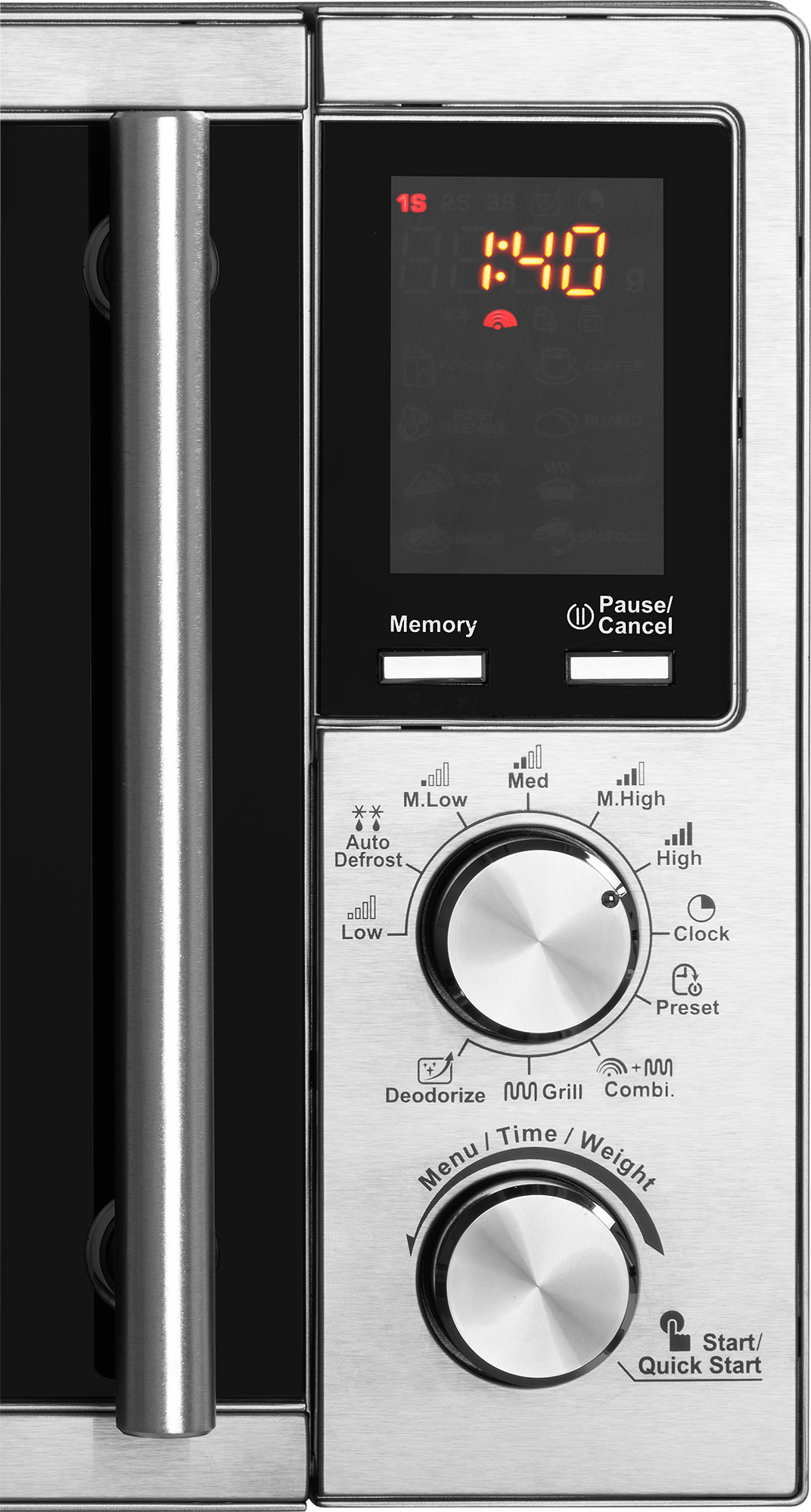 Kuchenka mikrofalowa z cyfrowym wyświetlaczem czasu. Posiada przyciski do różnych funkcji oraz metalowy uchwyt i panel sterowania.