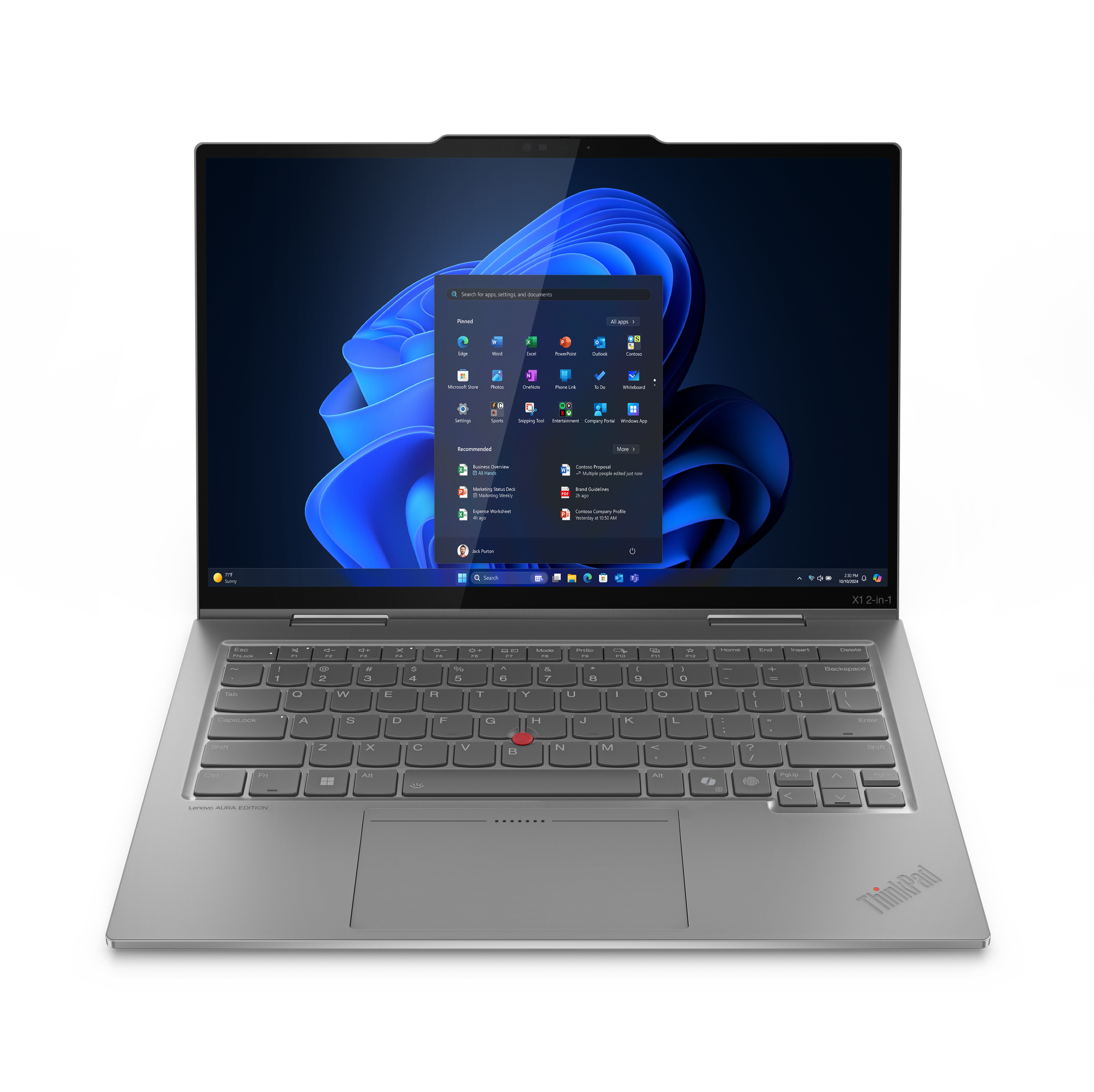 Laptop argentato con interfaccia Windows. Tastiera visibile, schermo con app. Logo ThinkPad e Lenovo Aura Edition presenti.