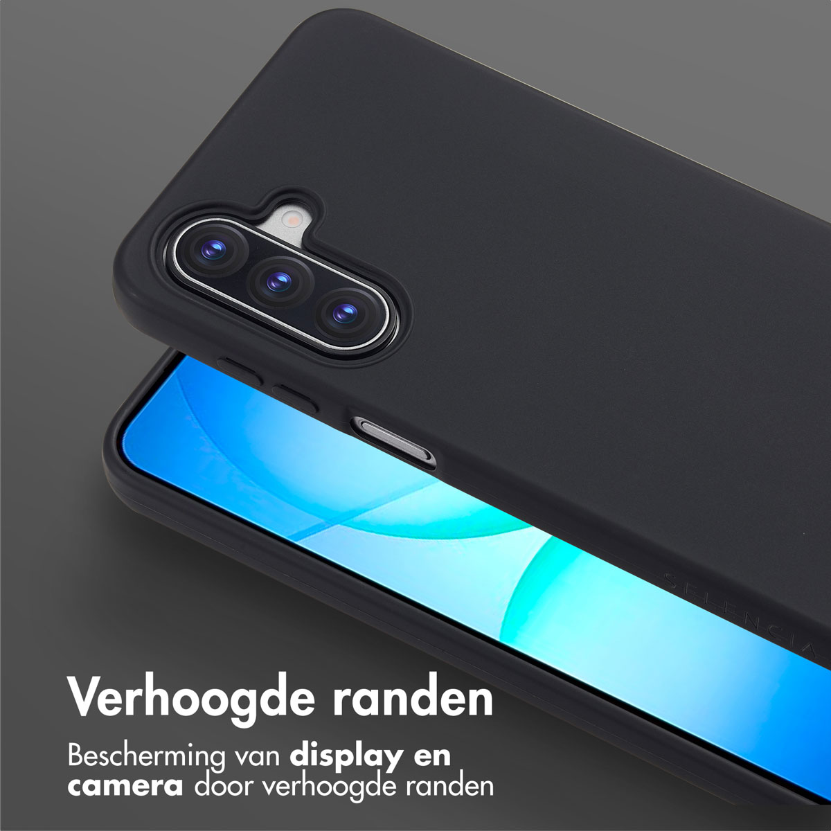 A black phone case is shown, slightly open. The phone's screen is visible. Text at the bottom says 'Raised edges' and 'Display and camera protection'.