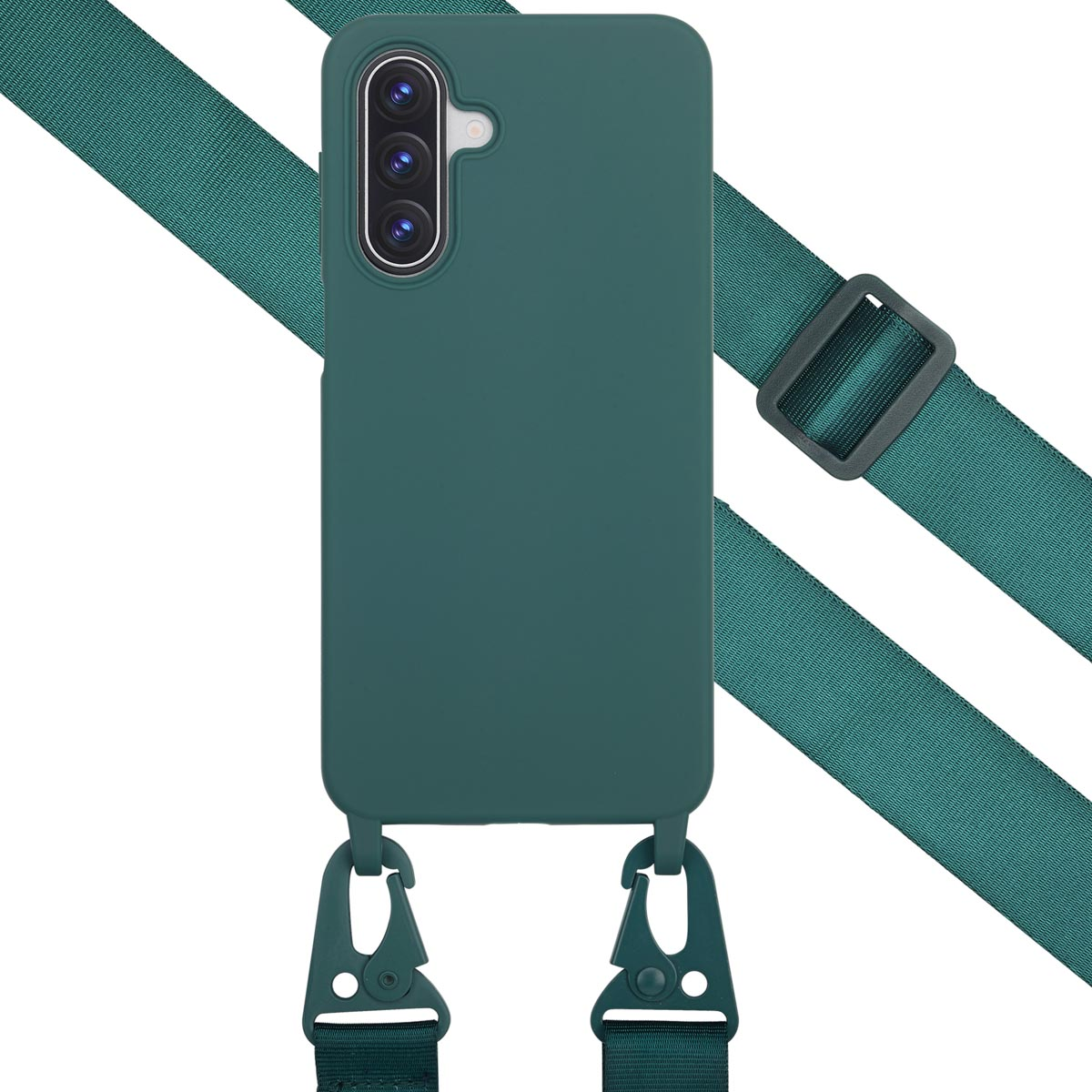 Green phone case with strap. The strap is teal. The phone has three cameras. The background is white.