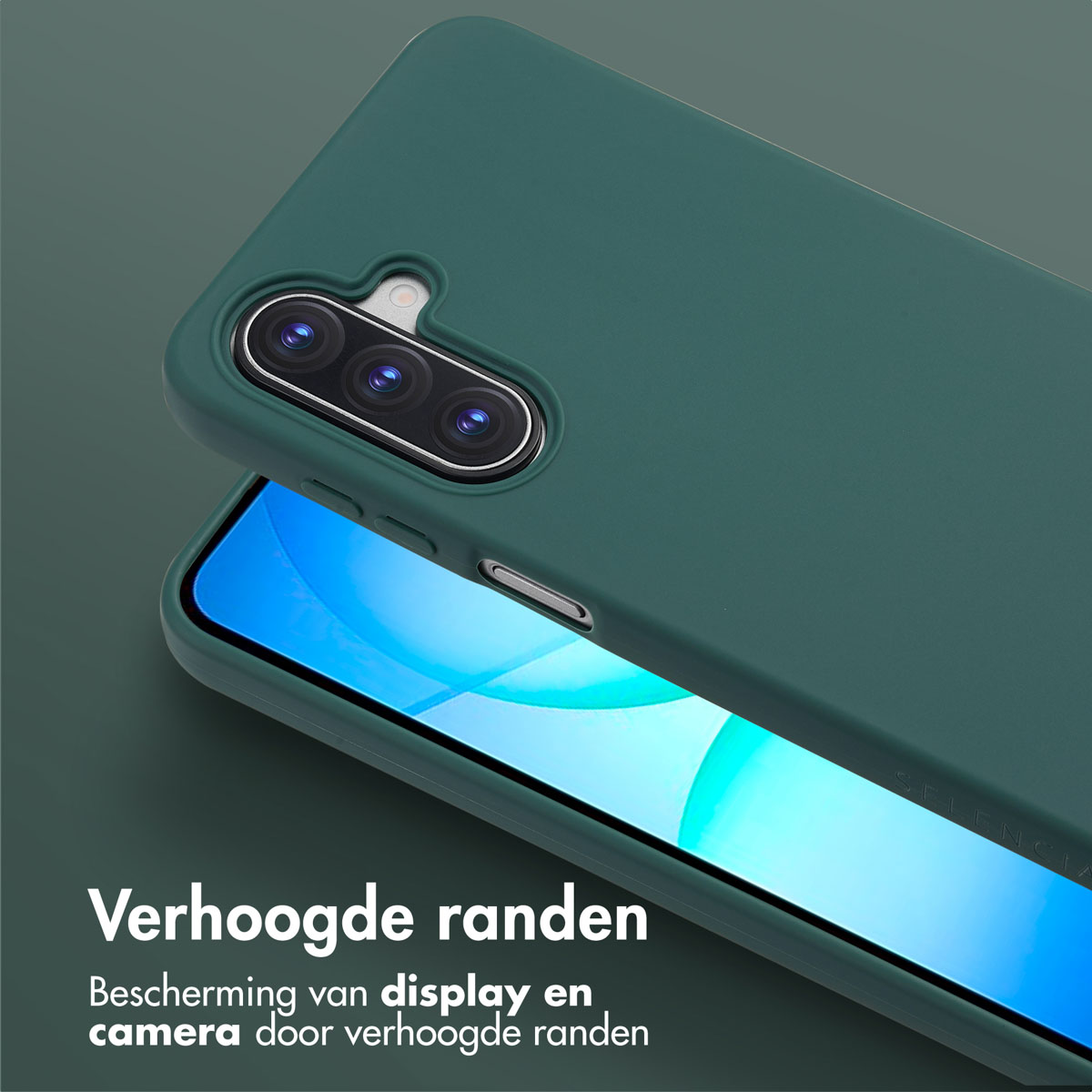 A green phone case protects a phone. Its camera and screen are visible. Text at the bottom says 'Raised edges'.