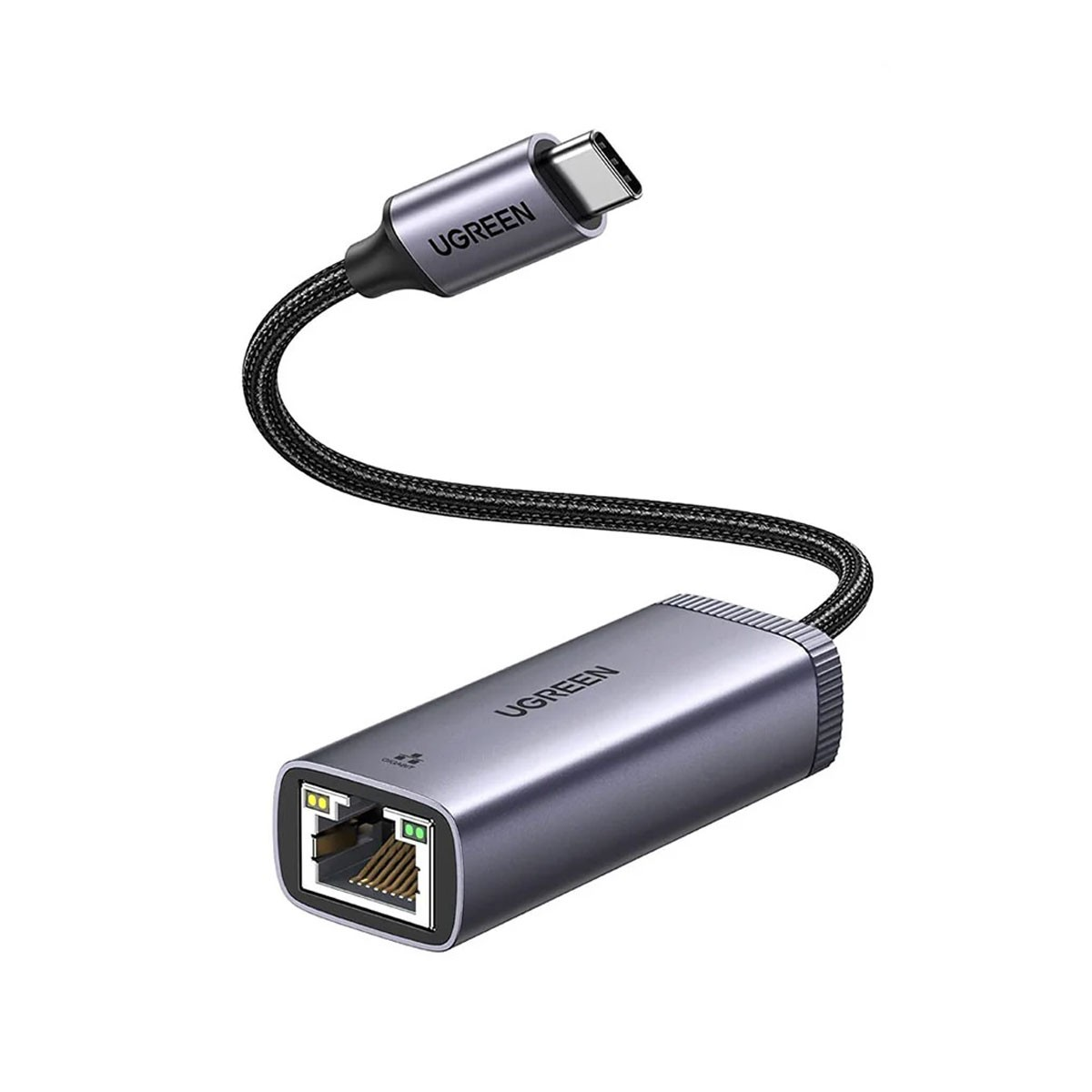 Srebrny adapter Ethernet UGREEN. Posiada złącze USB-C, pleciony kabel i port Ethernet.