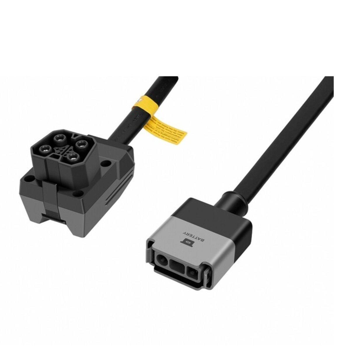 Dwa czarne kable ładujące ze złączami. Jedno złącze ma cztery otwory, drugie ma etykietę 'BATTERY'.