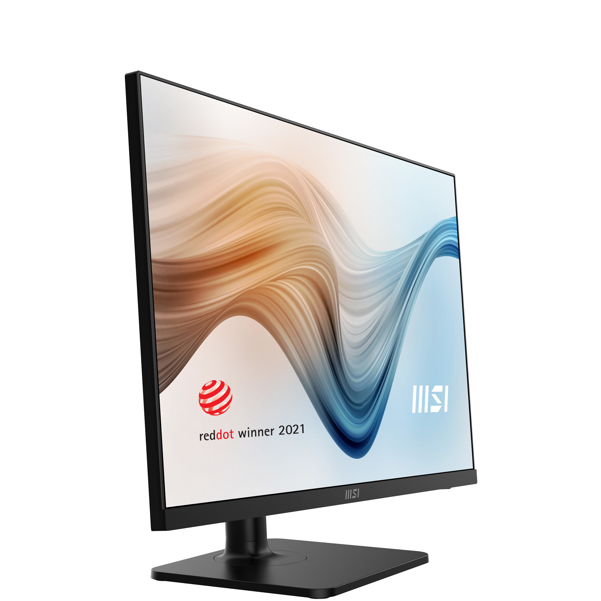 Monitor MSI nero con schermo curvo, design astratto e logo Red Dot Winner 2021.