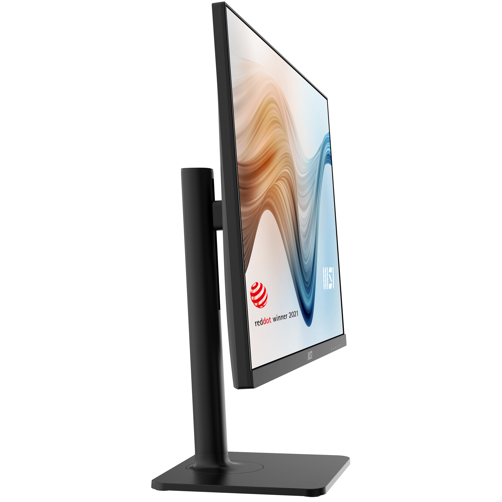 Un monitor per computer nero con supporto, che mostra un'immagine astratta colorata e il logo Red Dot winner 2021.
