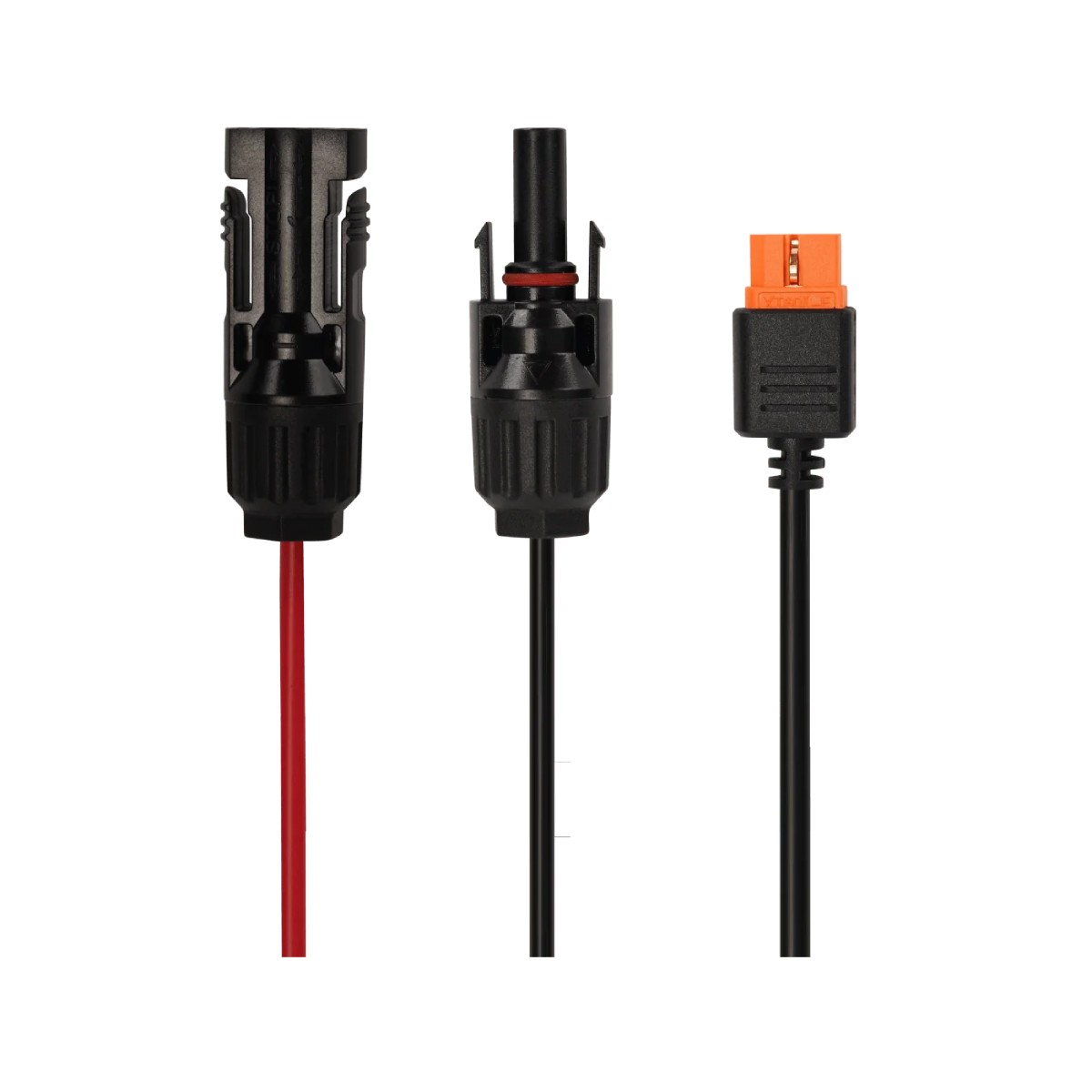 Trzy złącza elektryczne: jedno z czerwonym przewodem, jedno czarne i jedno z pomarańczową główką, wszystkie na białym tle.