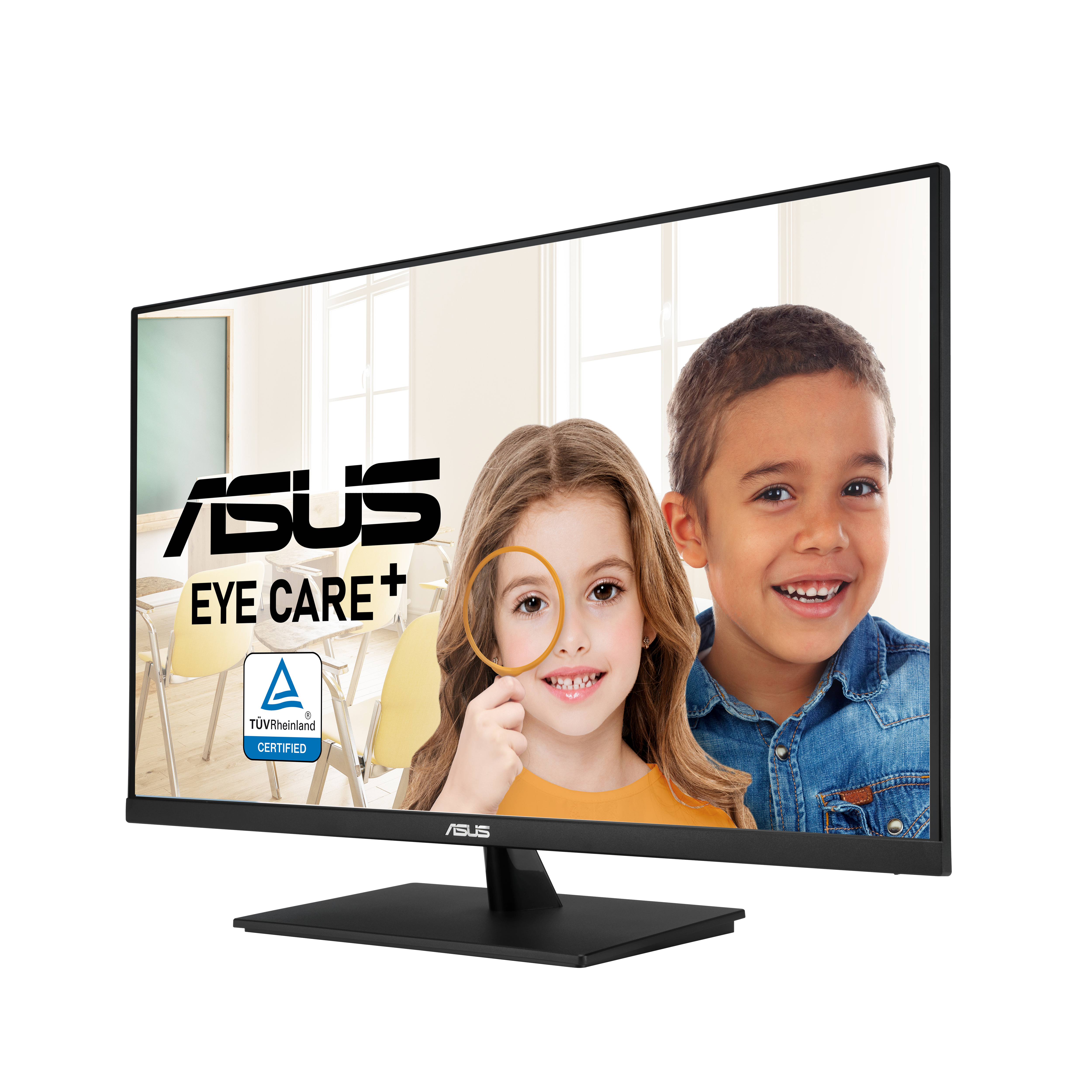 Moniteur ASUS montre une fille avec une loupe. Un garçon sourit. Écran avec 'EYE CARE+'.