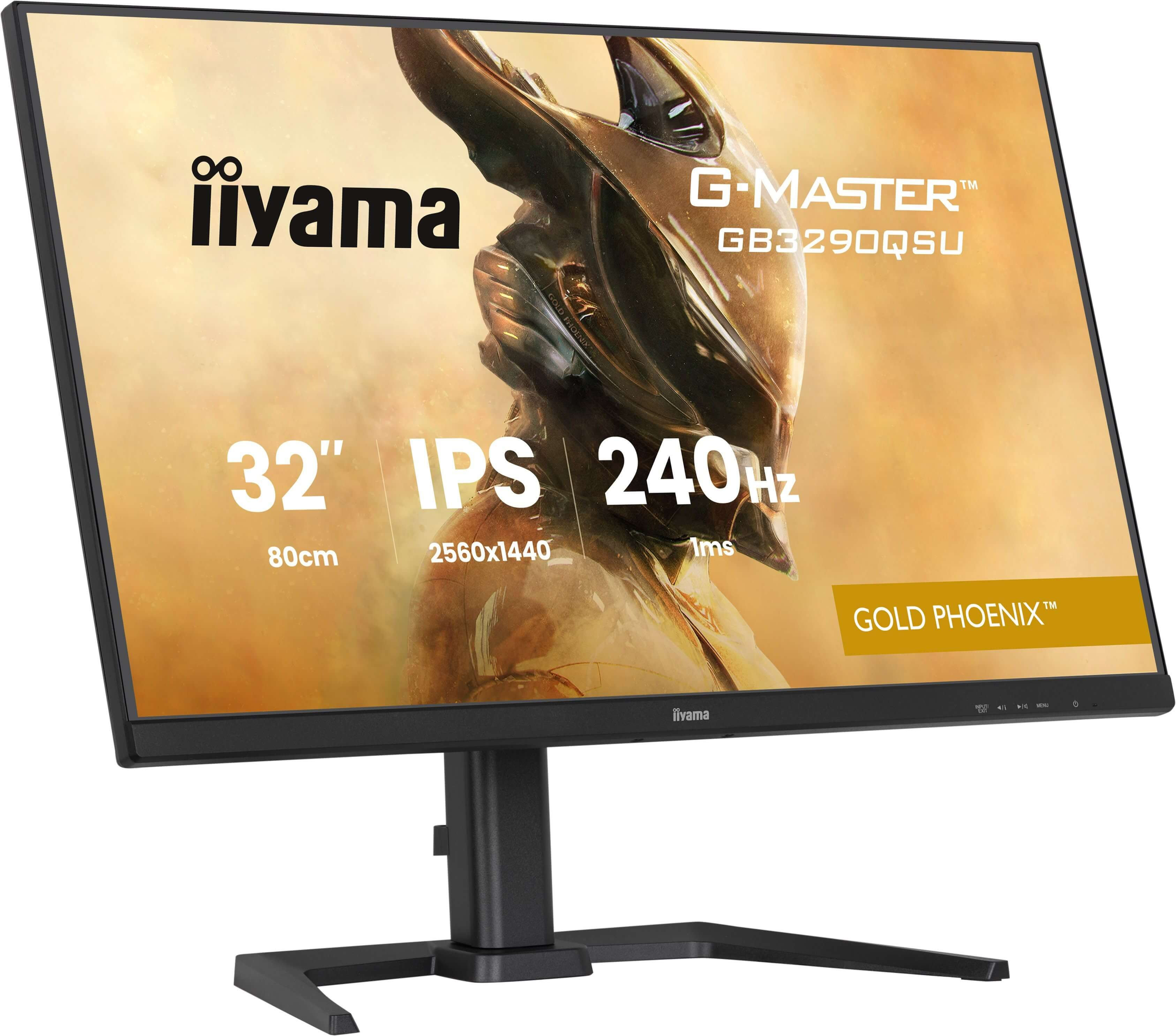Czarny monitor iiyama. Ekran wyświetla tekst: G-Master, GB3290QSU, 32" IPS 240Hz, Gold Phoenix. Czarna podstawa.