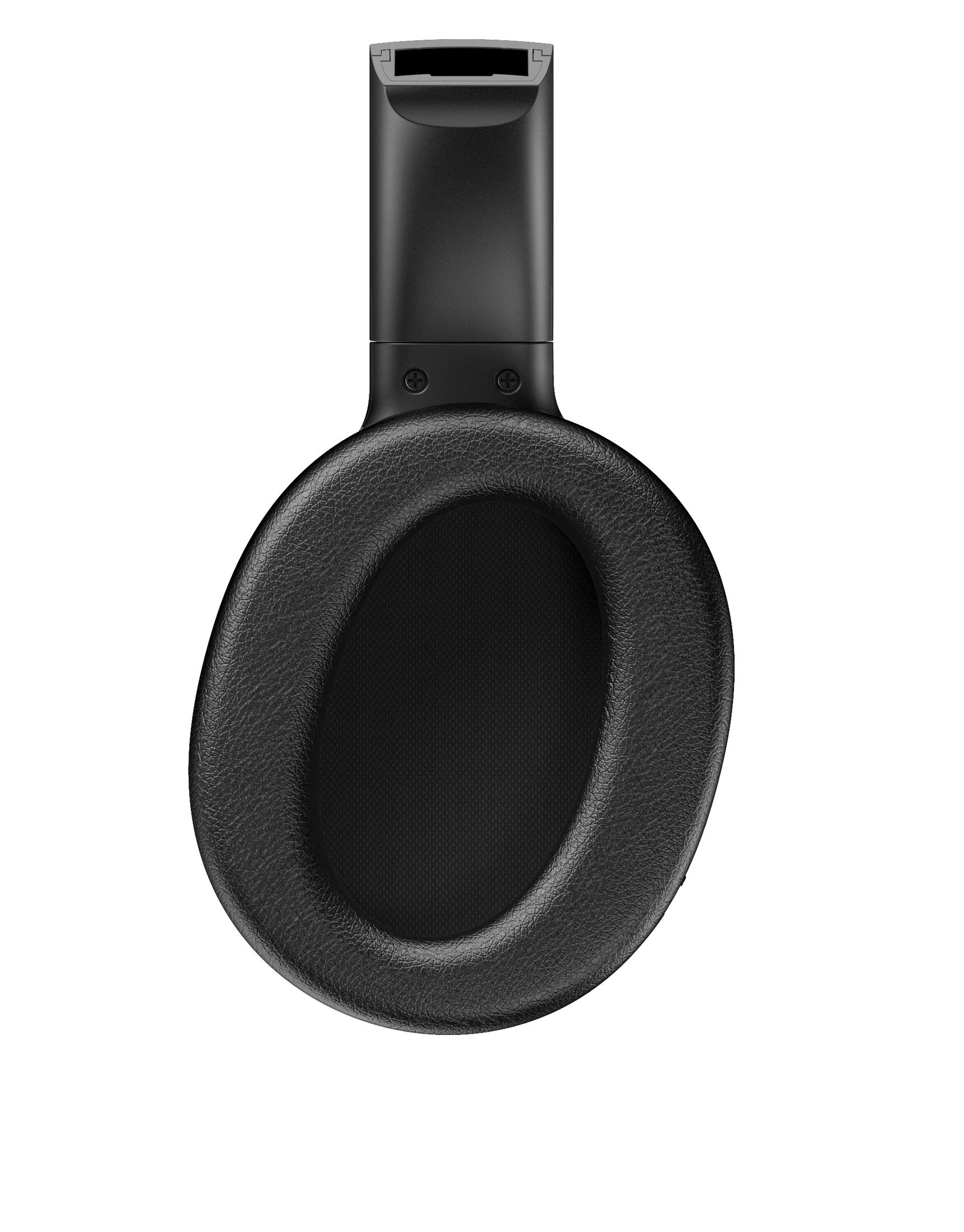 Zdjęcie z góry czarnych słuchawek. Muszle uszne są owalne ze skórzaną fakturą. Pałąk jest czarny i prostokątny.