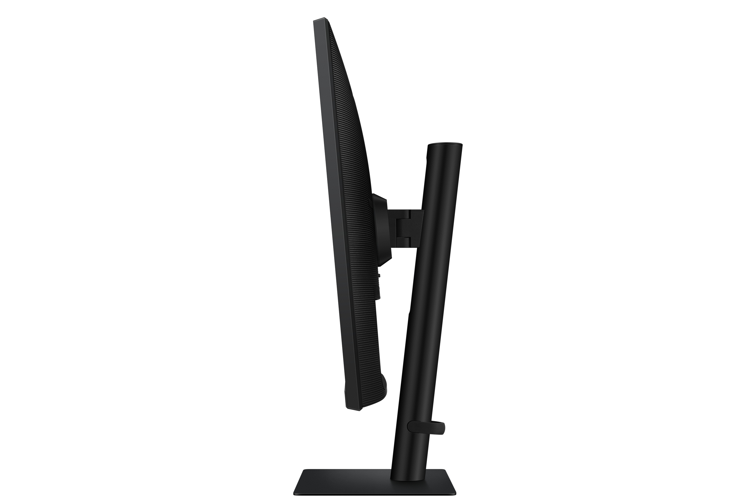 Widok z boku czarnego monitora komputera. Ma podstawkę. Białe tło.