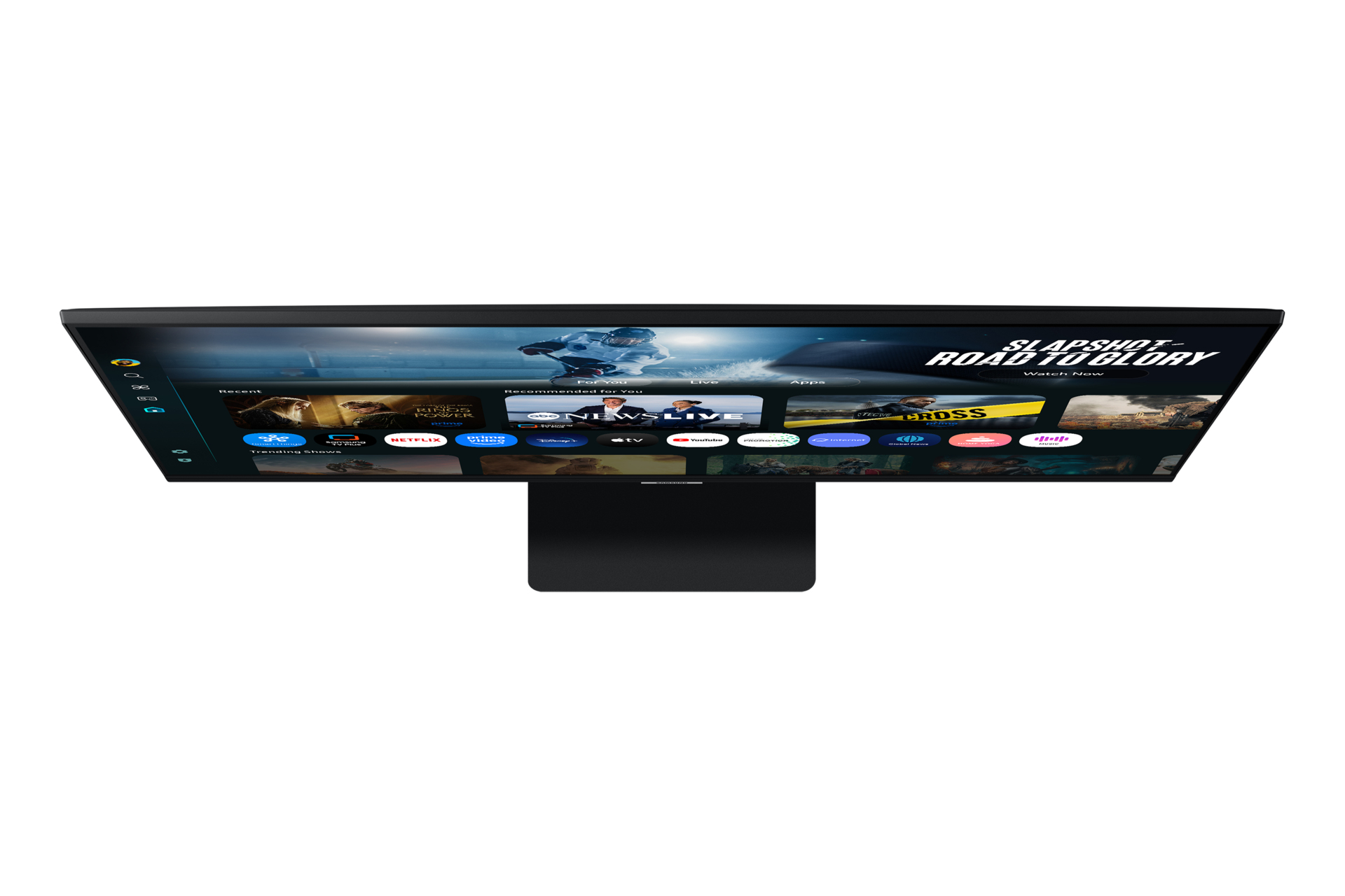 Un monitor nero mostra un'interfaccia di servizi di streaming. Lo schermo mostra icone di app e uno striscione 'Road to Glory'.