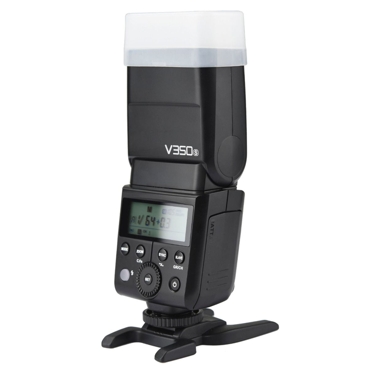 Un flash d'appareil photo noir avec un diffuseur blanc. Il possède un écran affichant les réglages et repose sur un socle noir. La marque est V350S.