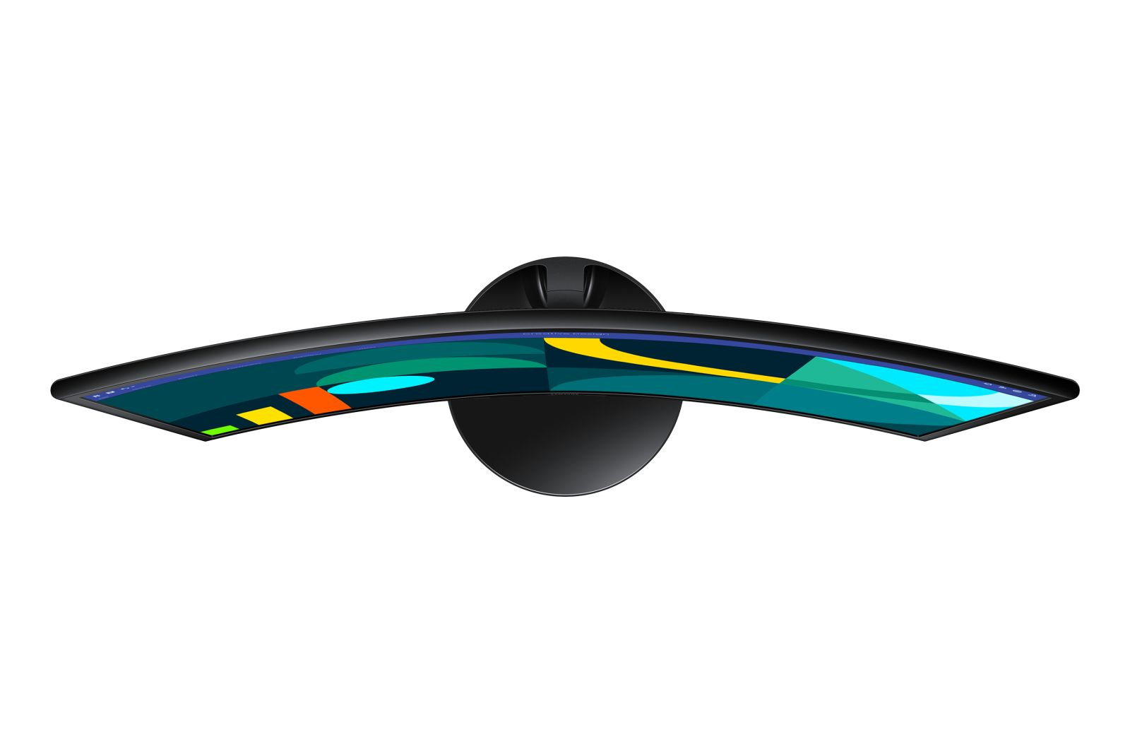 Widok z góry na zakrzywiony czarny monitor. Ekran wyświetla kolorową grafikę. Monitor stoi na okrągłym czarnym stojaku.