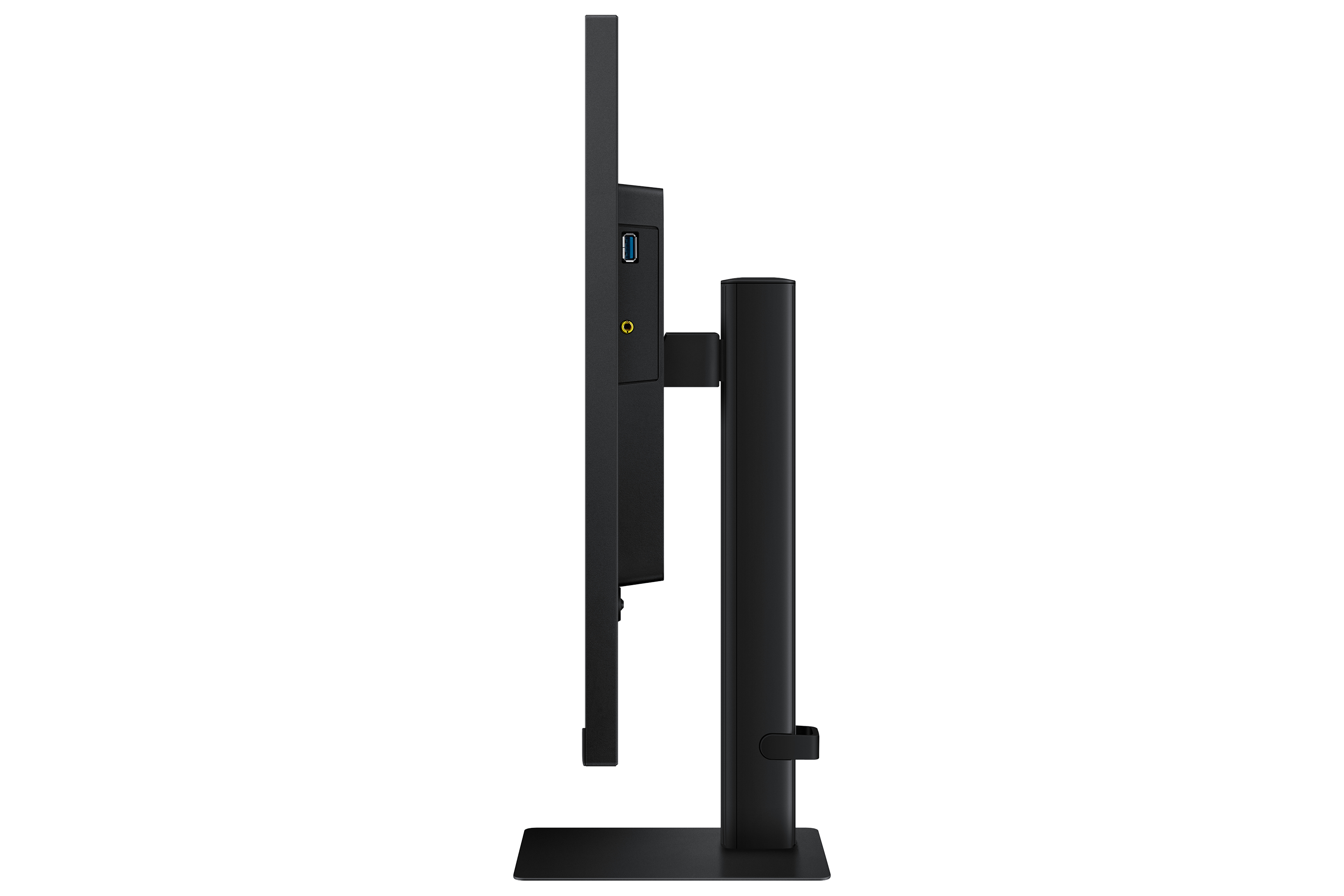 Zijaanzicht van een zwarte computermonitor. Het heeft een rechthoekig scherm, een standaard en diverse poorten.