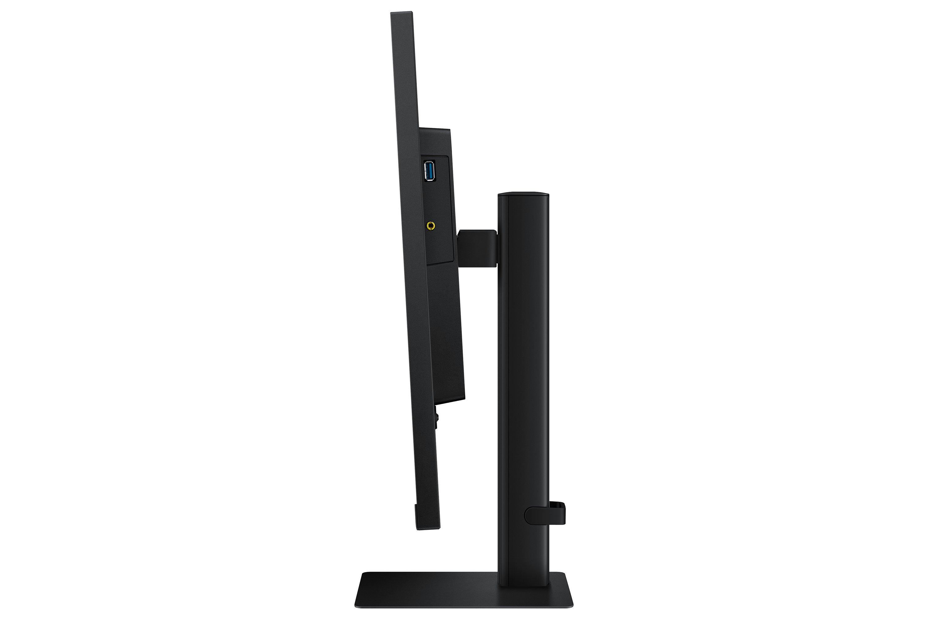 Zijaanzicht van een zwarte computermonitor. Het heeft een standaard en poorten. De achtergrond is wit.