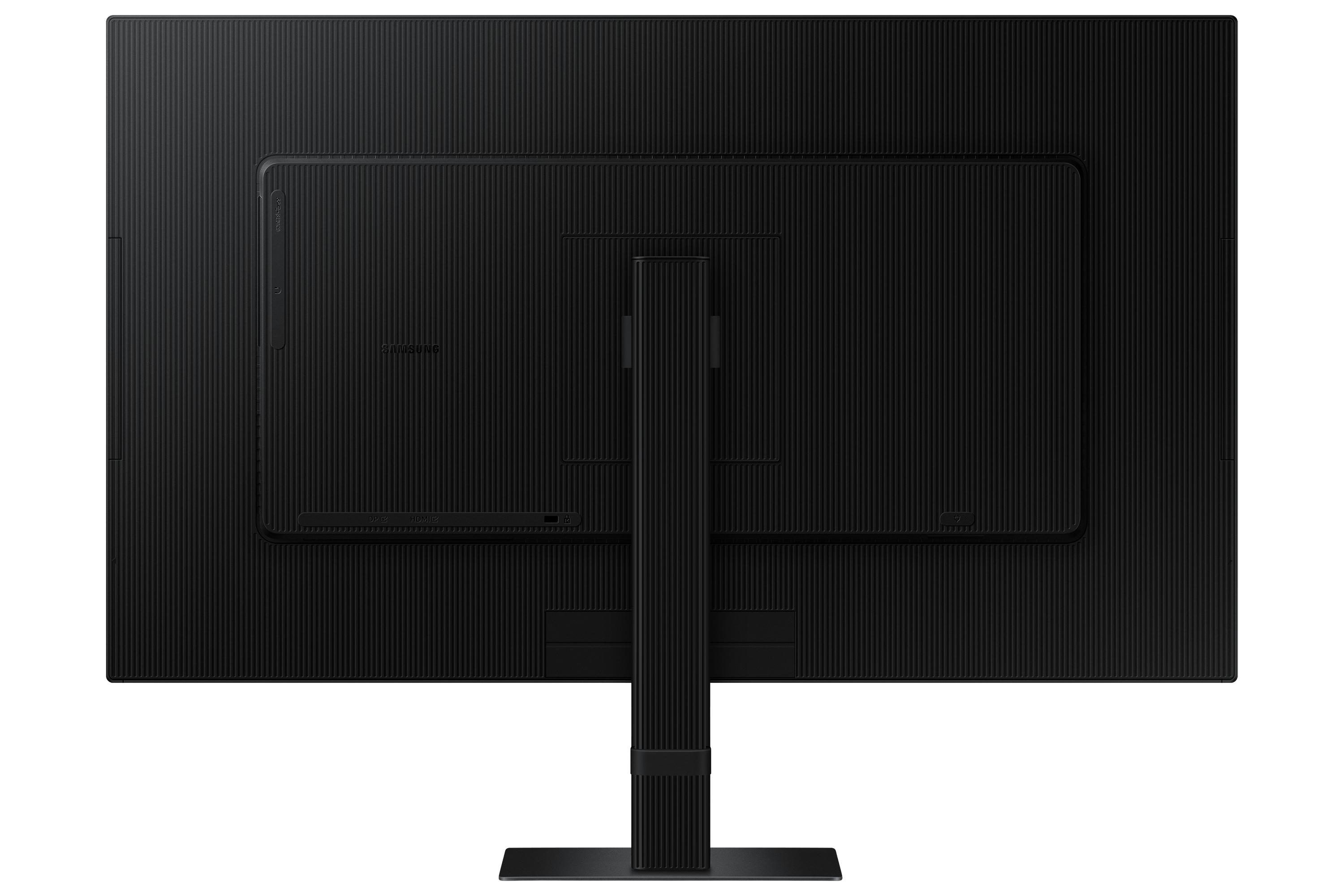 De achterkant van een zwarte monitor met getextureerd oppervlak, standaard en poorttoegang. Het Samsung-logo is zichtbaar.