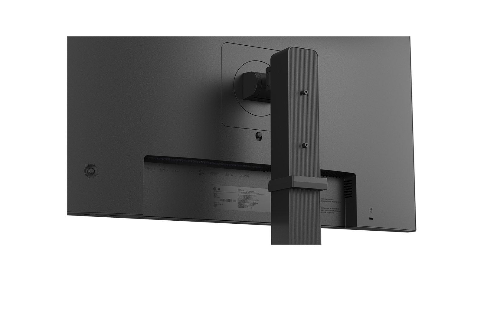 Widok z tyłu czarnego monitora komputera. Stojak go podpiera. Porty i etykieta są widoczne z tyłu monitora.