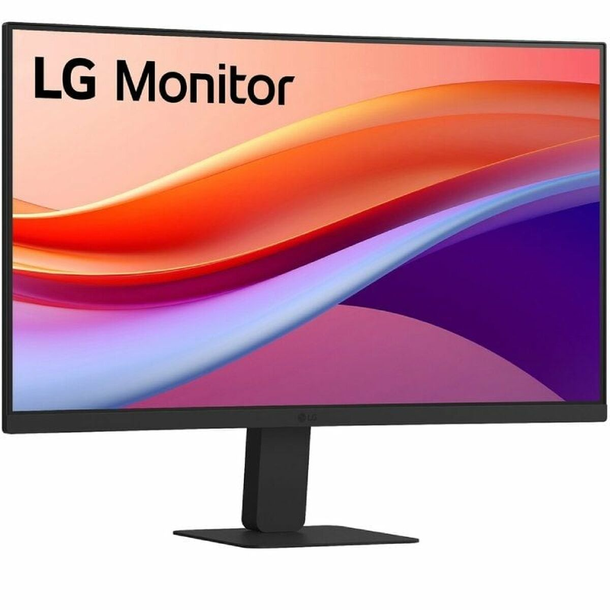 Monitor LG wyświetla kolorowe, abstrakcyjne tło. Monitor jest czarny, z logo LG Monitor u góry.