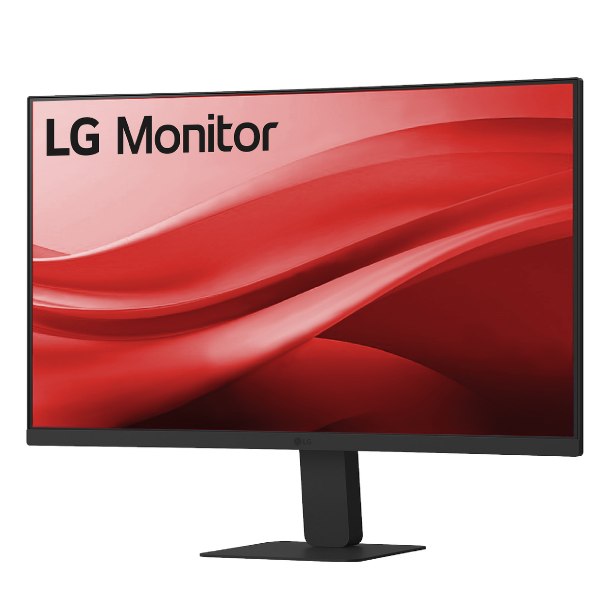 Monitor LG z czarną ramką, wyświetlający czerwone, faliste tło. Stoi na czarnym stojaku na białym tle.