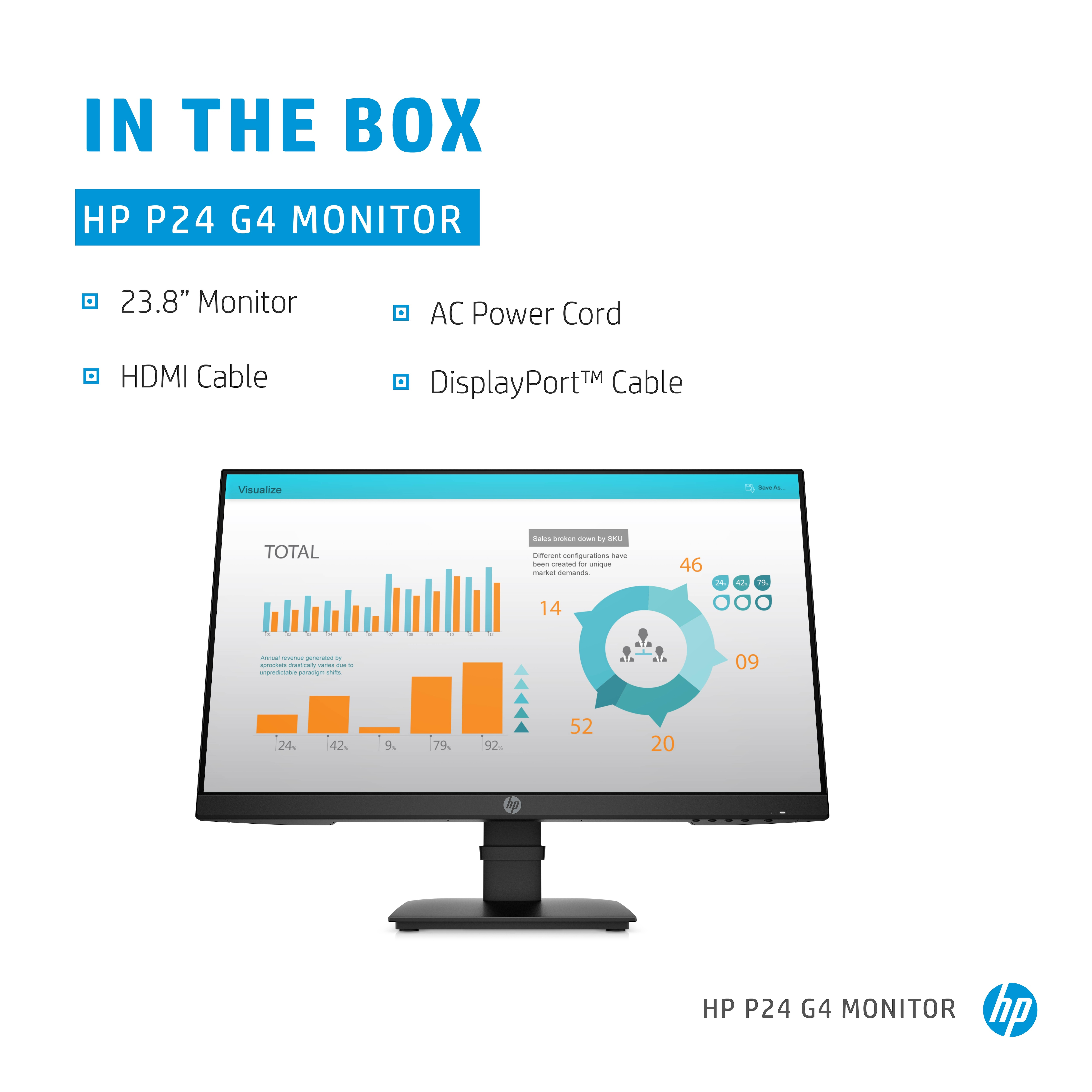 HP P24 G4 monitor with included cables and display screen showing graphs and data.