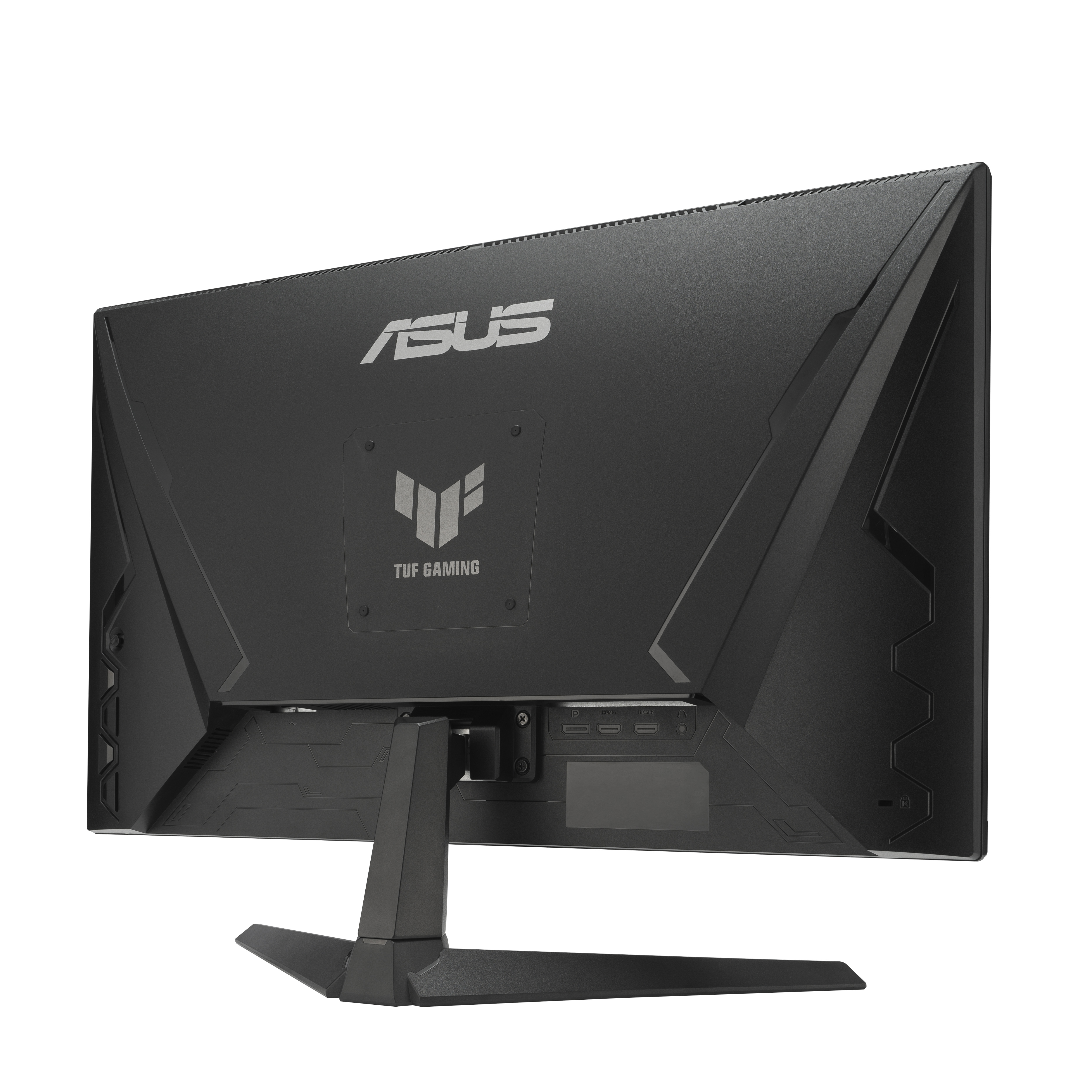 Tył czarnego monitora do gier ASUS. Ma logo, porty i podstawkę. Jest skierowany do widza.
