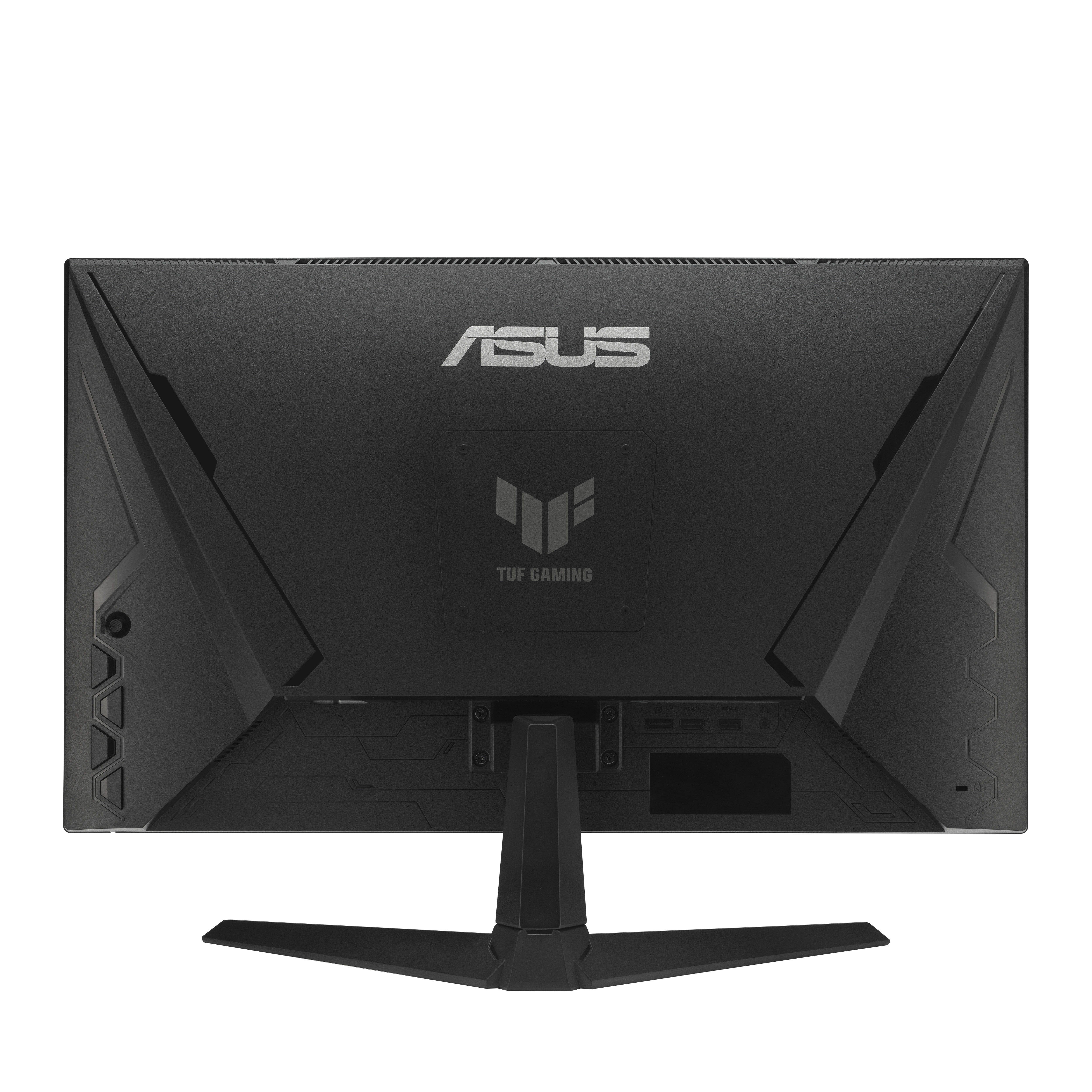 Widok z tyłu czarnego monitora ASUS TUF Gaming z logo ASUS i TUF Gaming. Stojak jest również czarny.