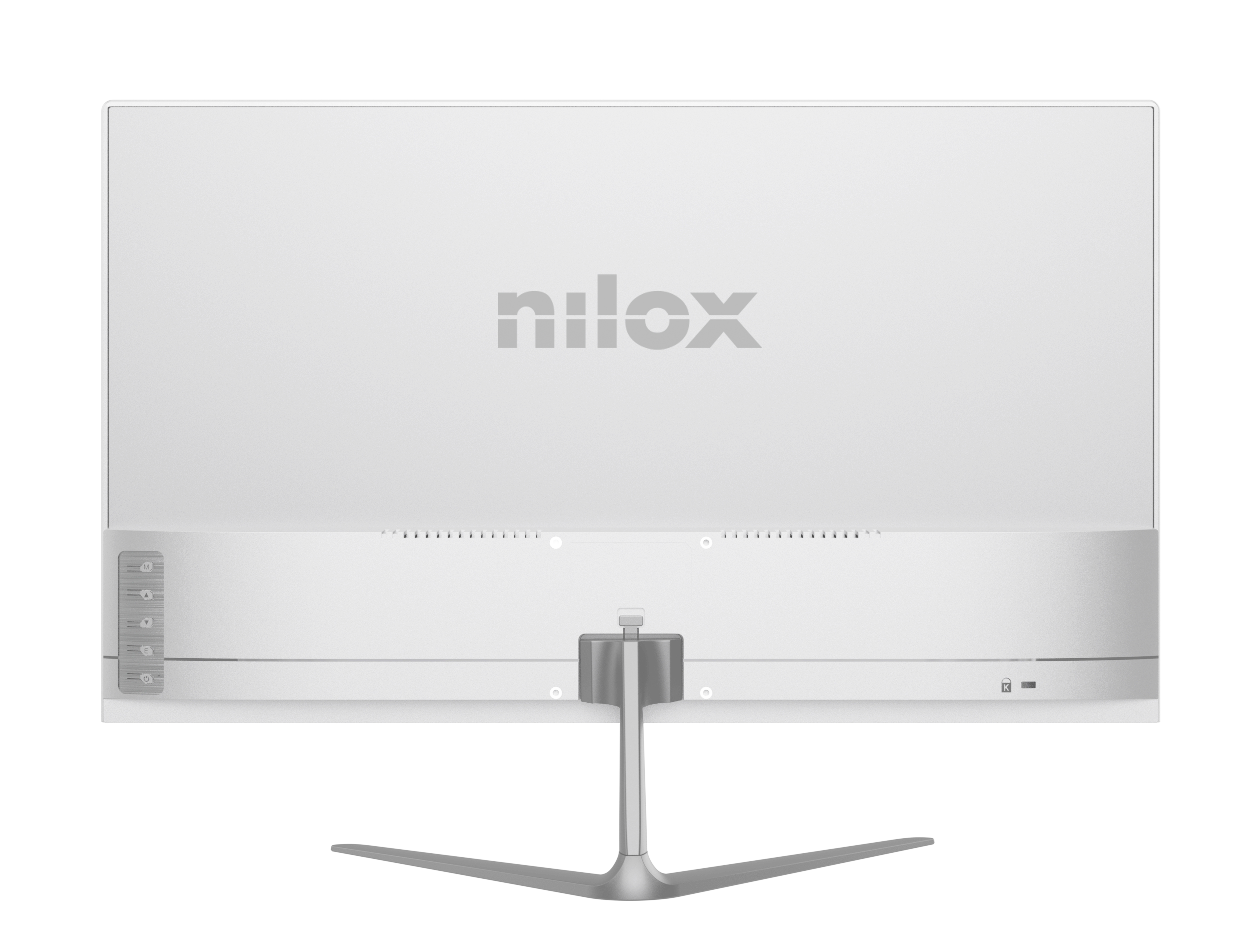 Vista posteriore di un monitor per computer bianco con supporto argentato. Il marchio 'nilox' è stampato sullo schermo.