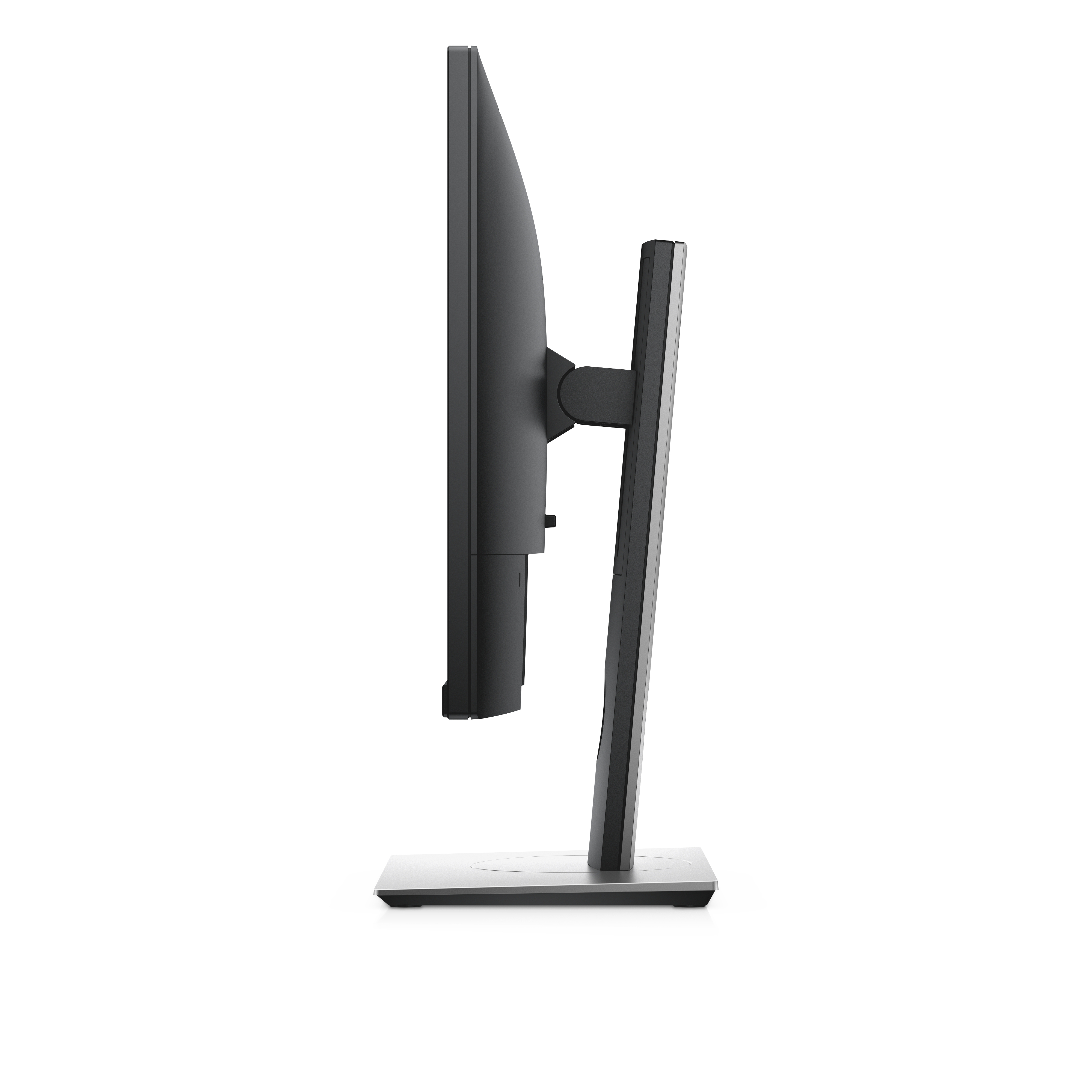 Widok z boku czarnego monitora na srebrnej podstawie, na białym tle.