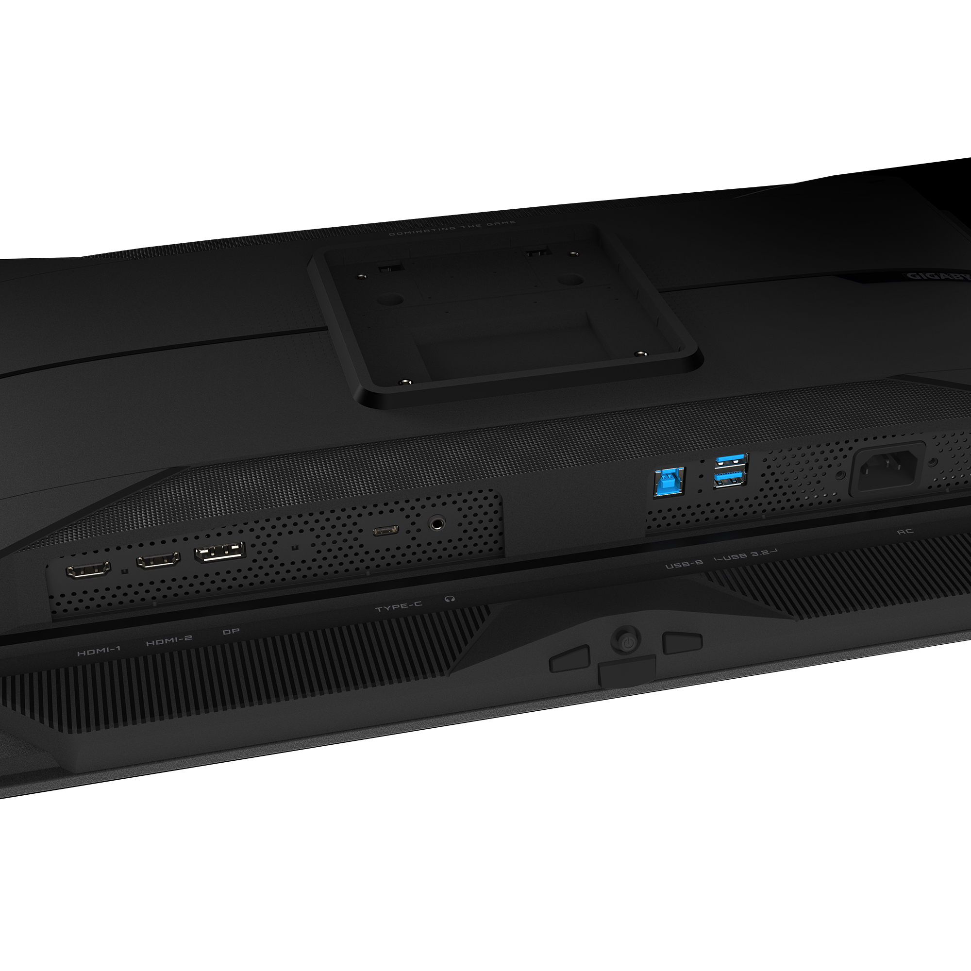 Zbliżenie tyłu czarnego monitora komputera, pokazujące porty takie jak HDMI, USB i wejście zasilania, wraz z nazwą marki.