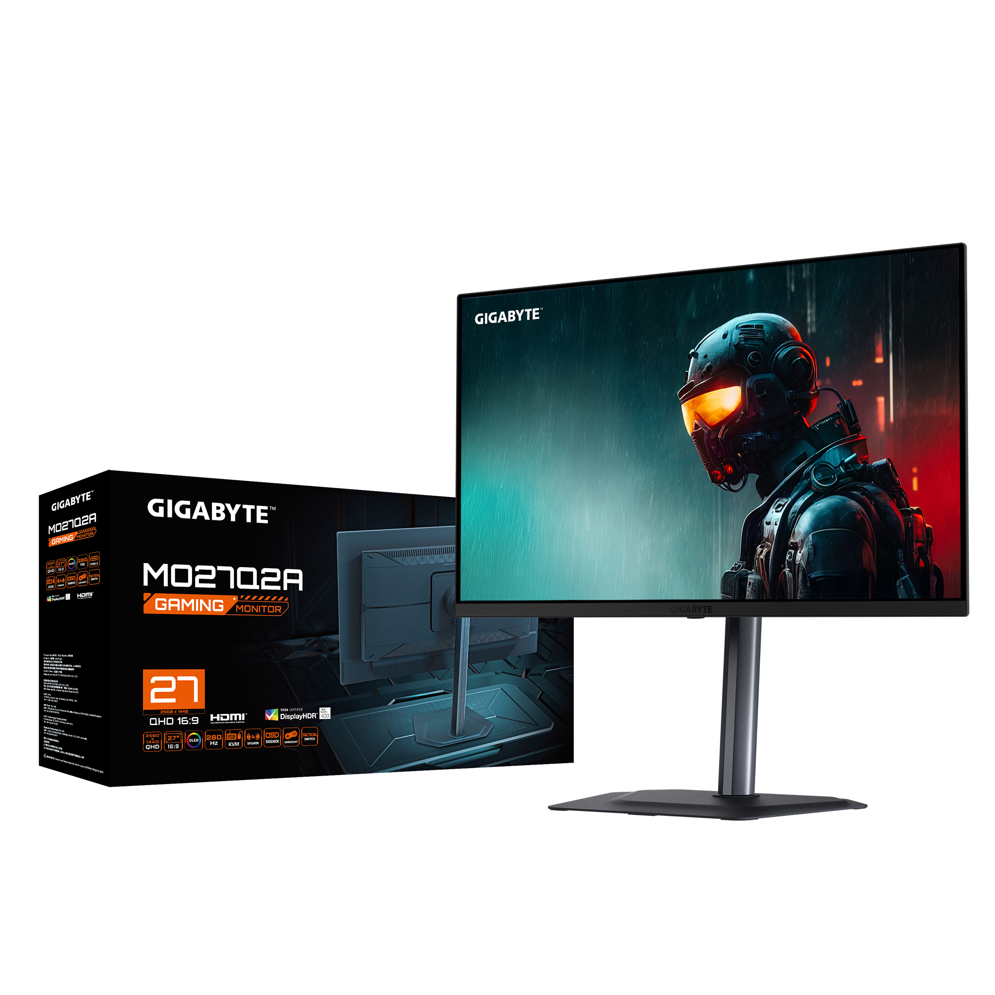 Monitor do gier Gigabyte z futurystycznym obrazem sci-fi na ekranie. Pudełko po lewej, monitor po prawej.