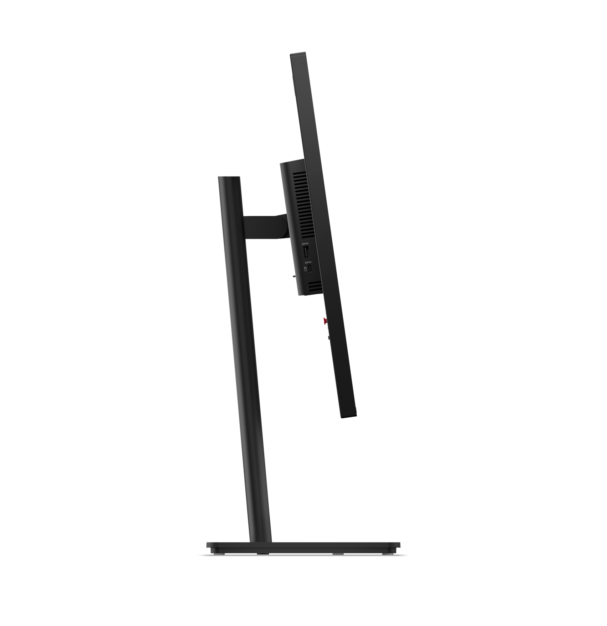 Czarny monitor komputera jest lekko przechylony. Stoi na czarnej podstawie, z ekranem skierowanym w górę i w prawo.