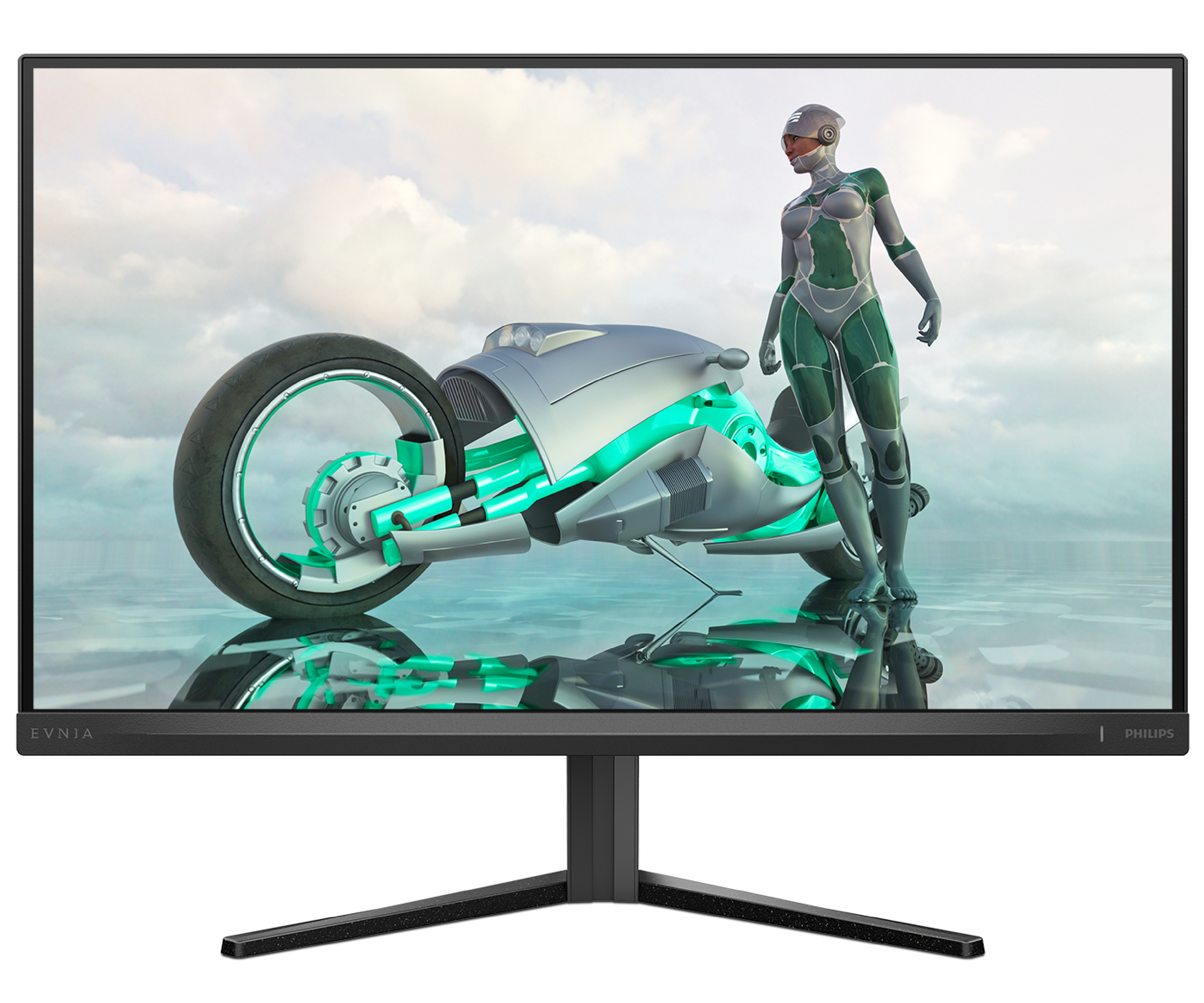 Futurystyczny motocykl i kobieta w stroju sci-fi na monitorze. Tło: zachmurzone niebo i woda.