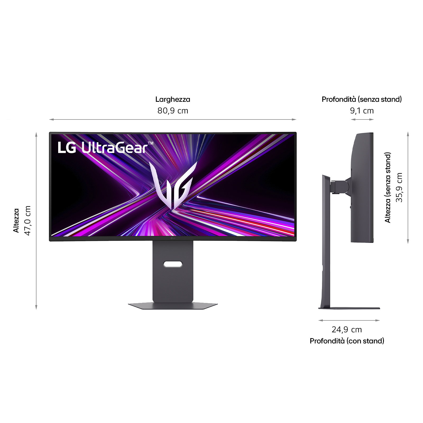 Monitor LG UltraGear z wymiarami, z widokiem z przodu i z boku, pokazujący szerokość, wysokość i głębokość w cm.